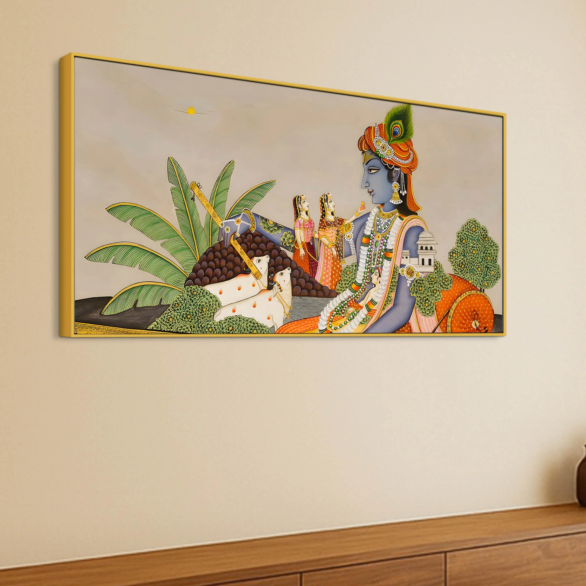 Shri Krishna with Gopis & Cows Pichwai Canvas Wall Painting – Traditional Indian Decor - Image 5