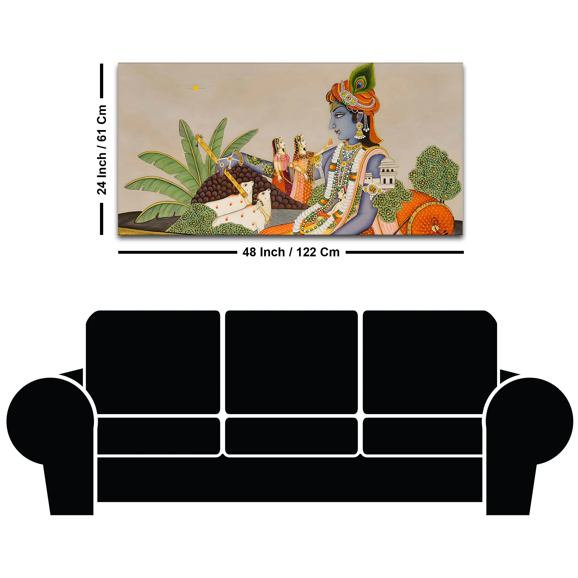 Shri Krishna with Gopis & Cows Pichwai Canvas Wall Painting – Traditional Indian Decor - Image 8
