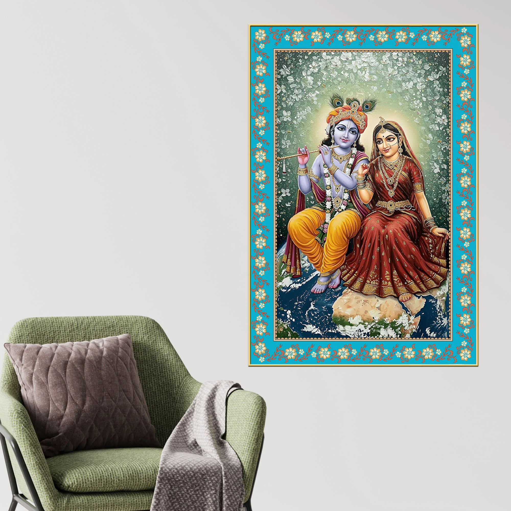 Shri Krishna with Radha Rani Floral Border Vertical Canvas Wall Painting - Image 2