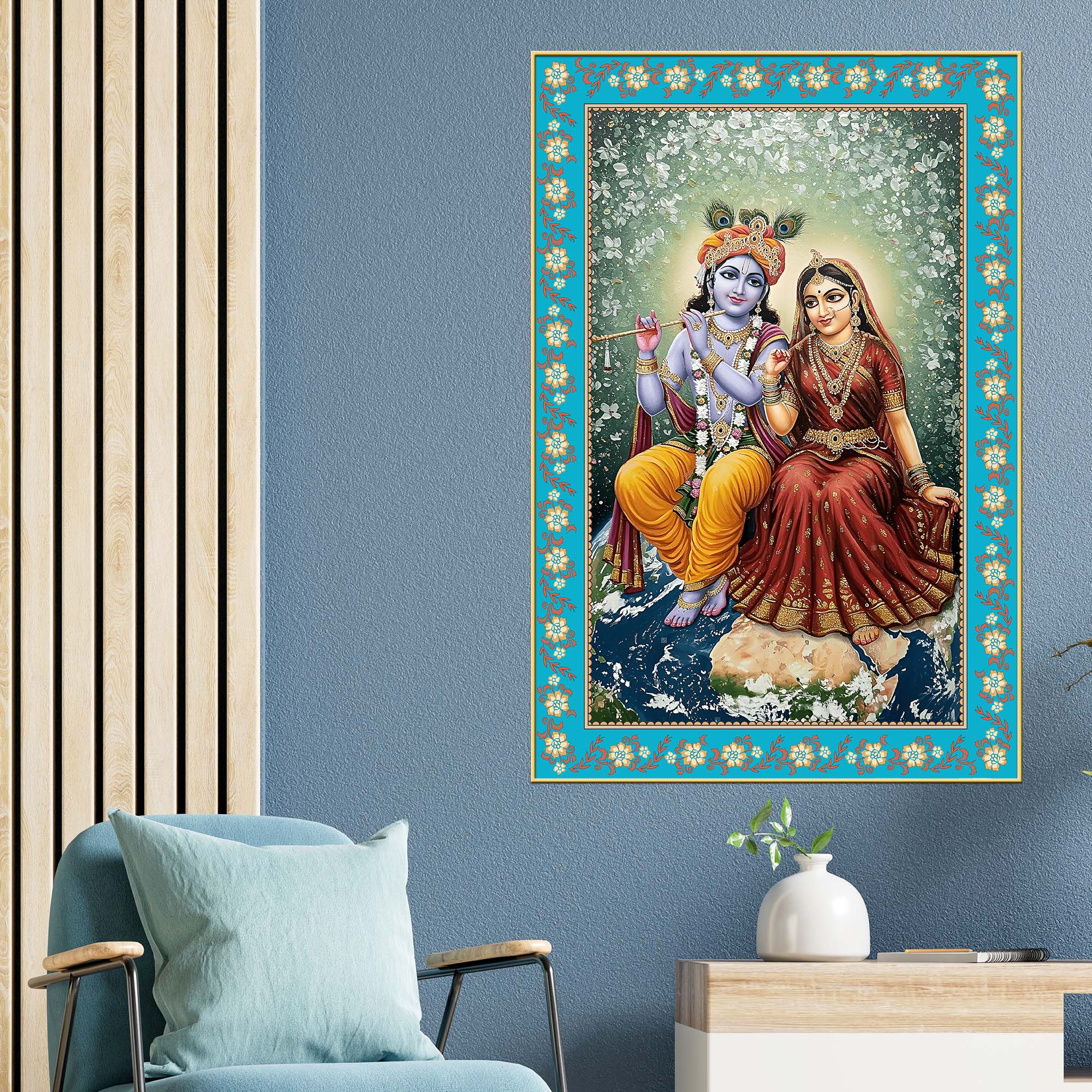 Shri Krishna with Radha Rani Floral Border Vertical Canvas Wall Painting - Image 3