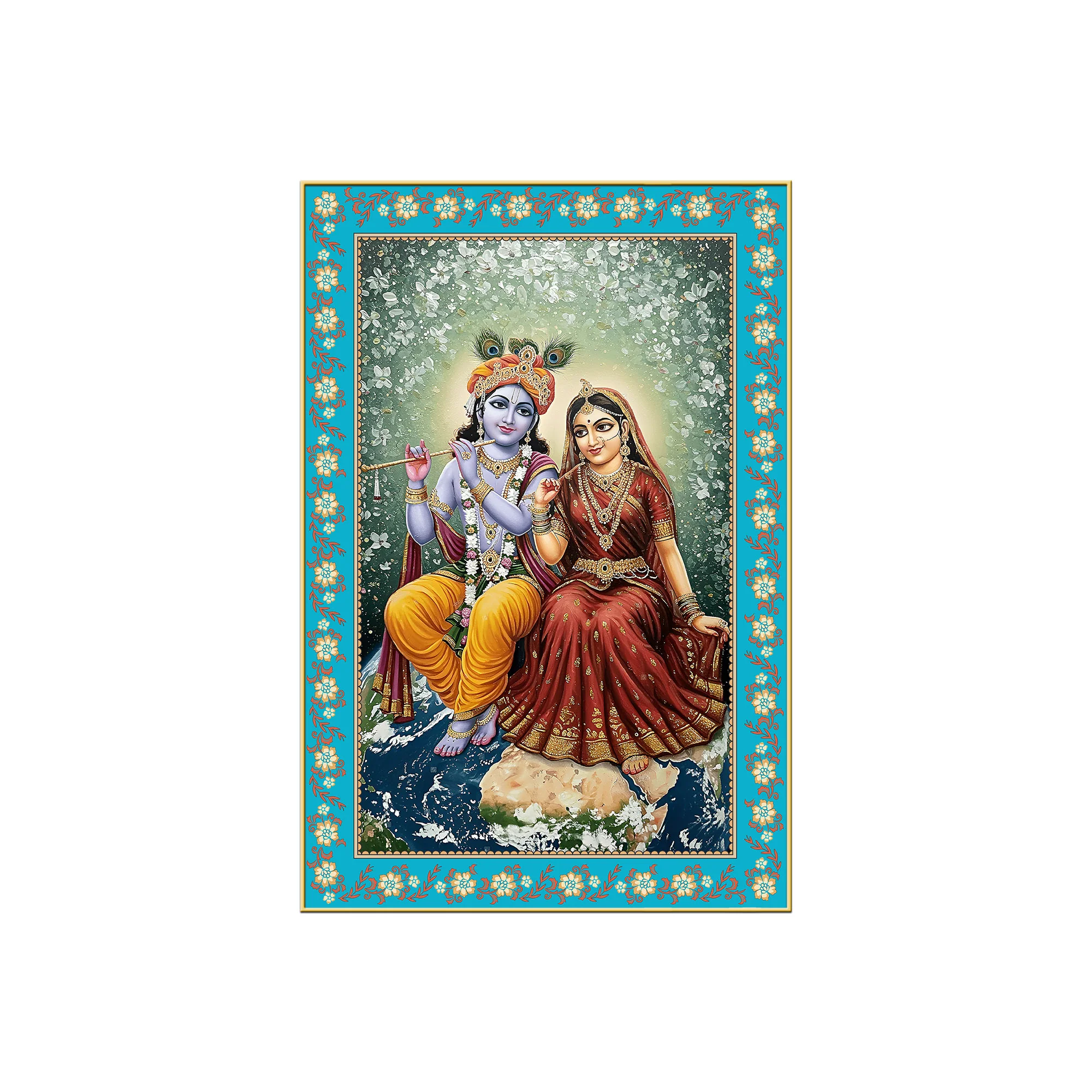 Shri Krishna with Radha Rani Floral Border Vertical Canvas Wall Painting - Image 4