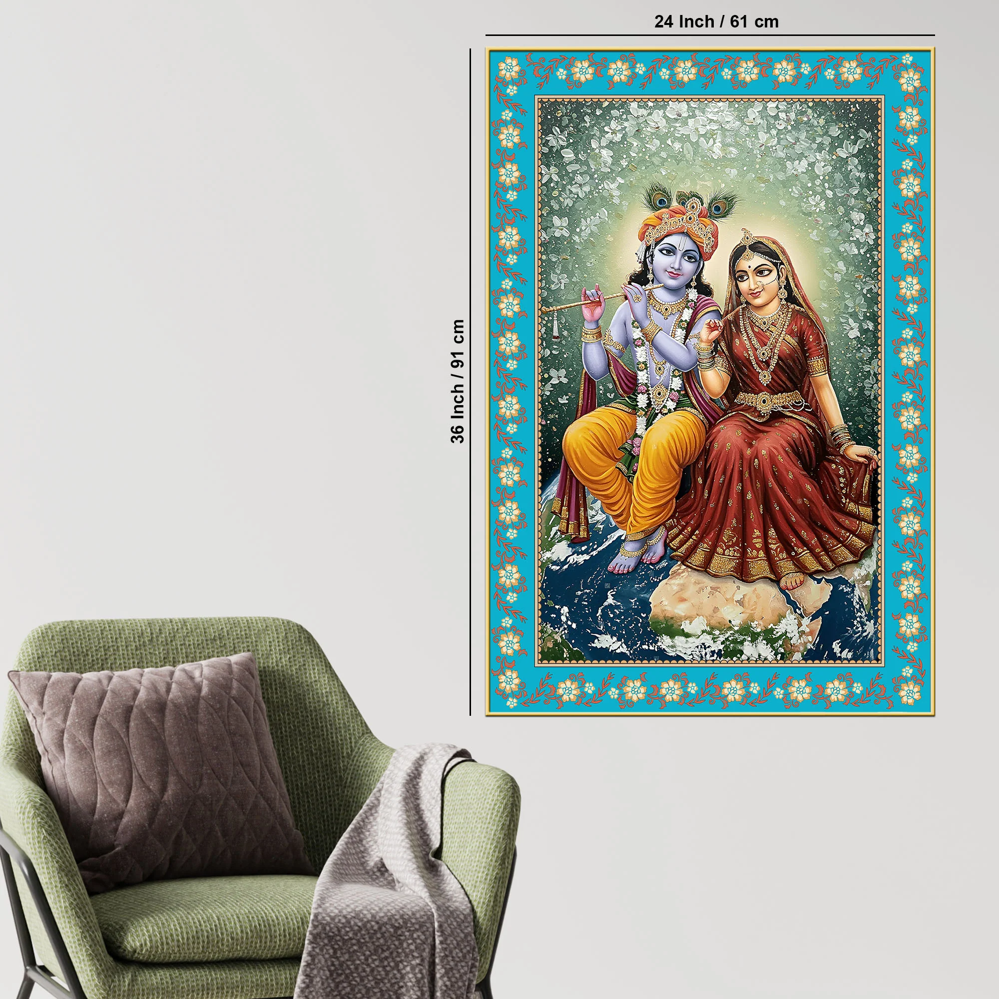 Shri Krishna with Radha Rani Floral Border Vertical Canvas Wall Painting - Image 6