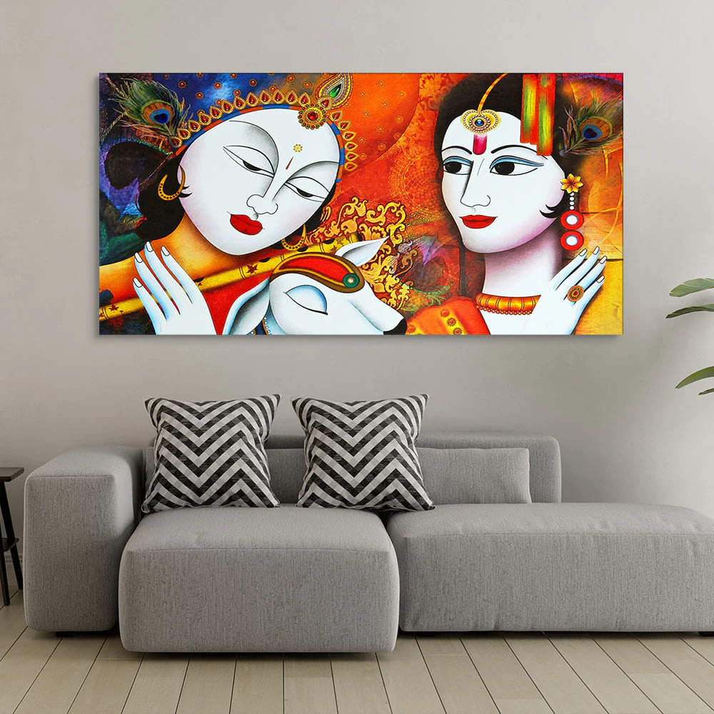 Shri Radha Krishna Playing with Flute Canvas Wall Painting - Image 2