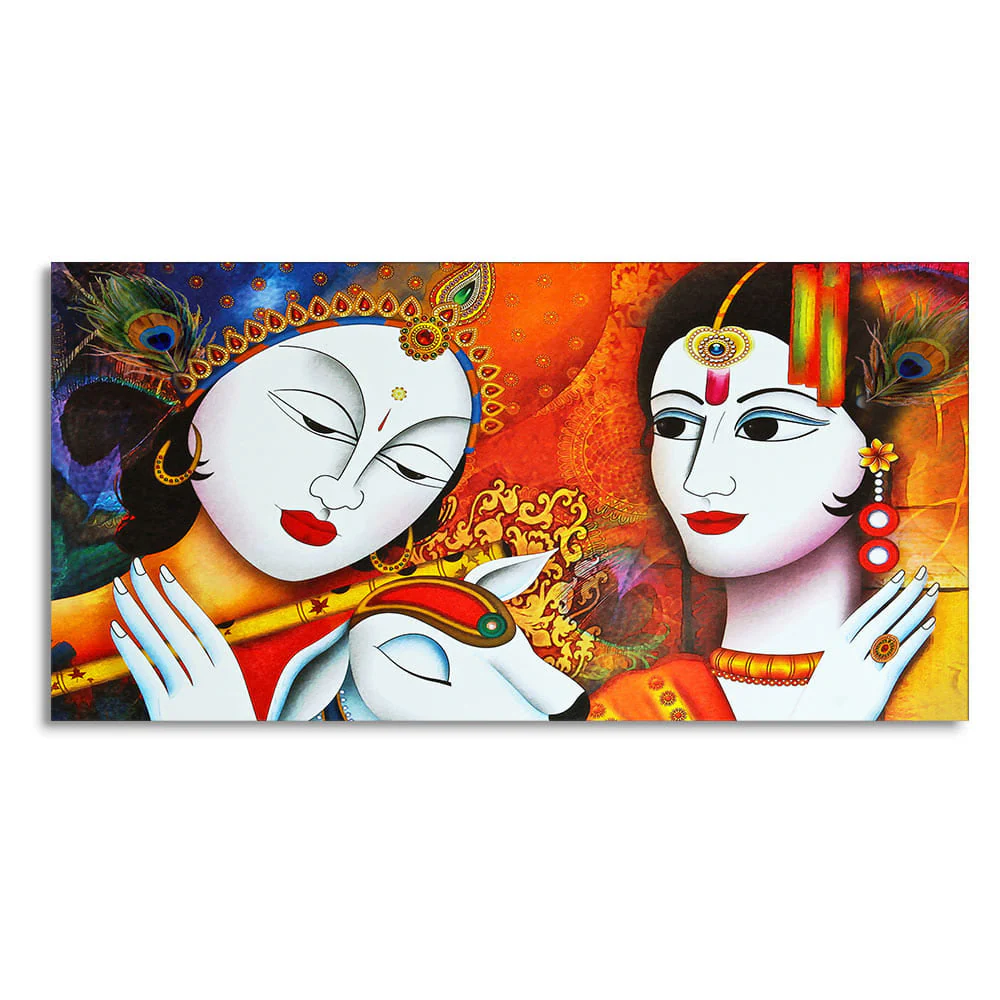 Shri Radha Krishna Playing with Flute Canvas Wall Painting - Image 4