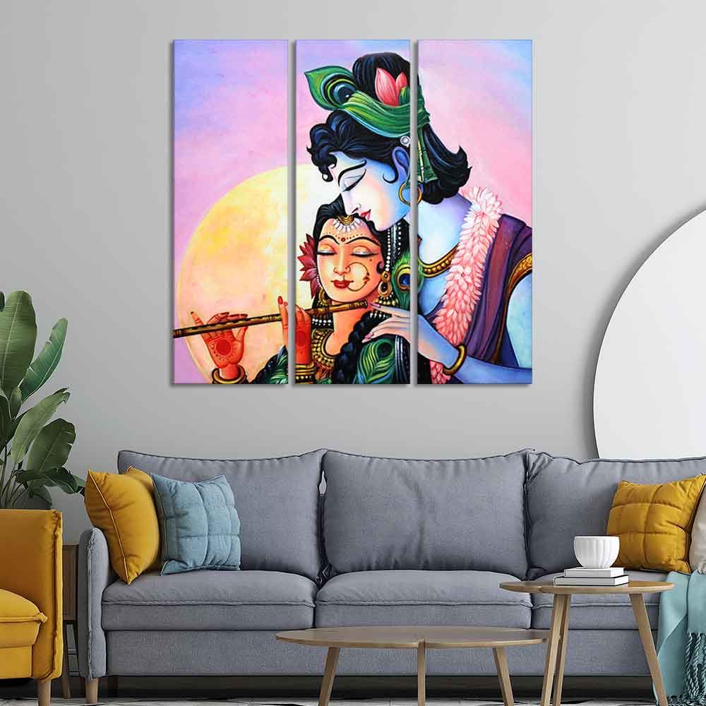 Shri Radha Krishna with Flute Wall Painting Set of 3 - Image 2