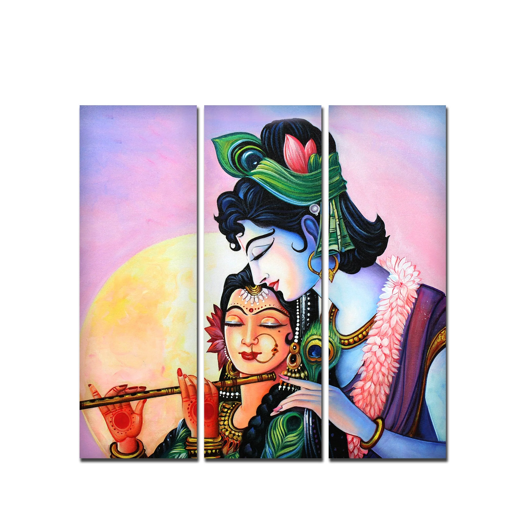 Shri Radha Krishna with Flute Wall Painting Set of 3 - Image 4