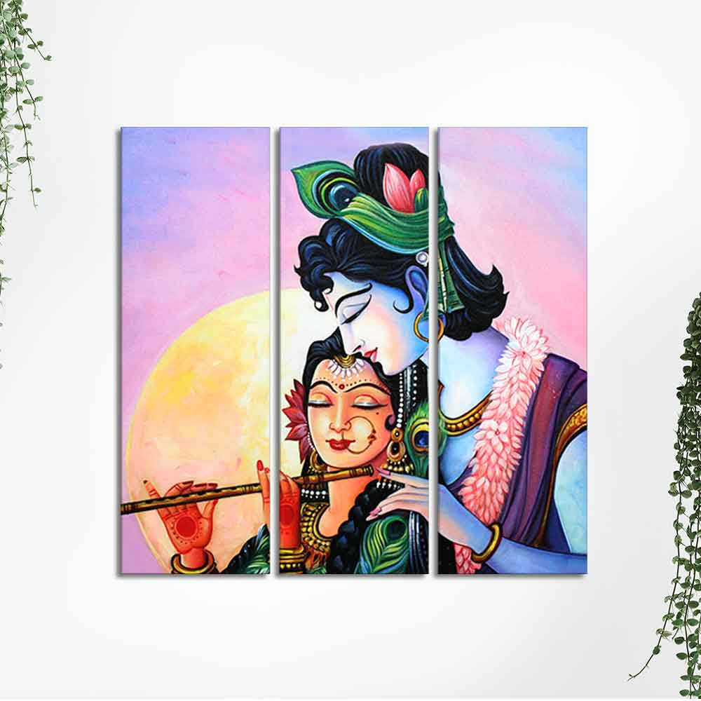 Shri Radha Krishna with Flute Wall Painting Set of 3 - Image 5