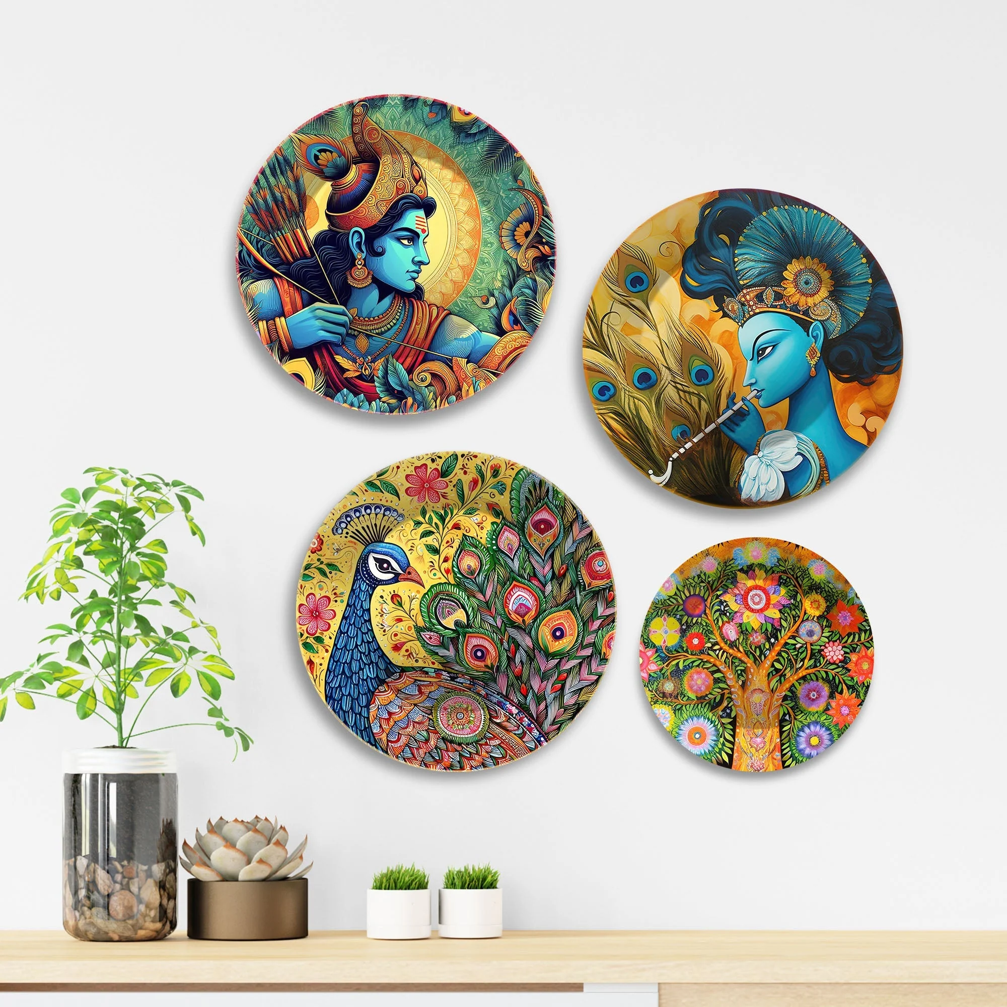 Shri Ram and Shri Krishna Premium Wall Plates Painting Set of Four - Image 3