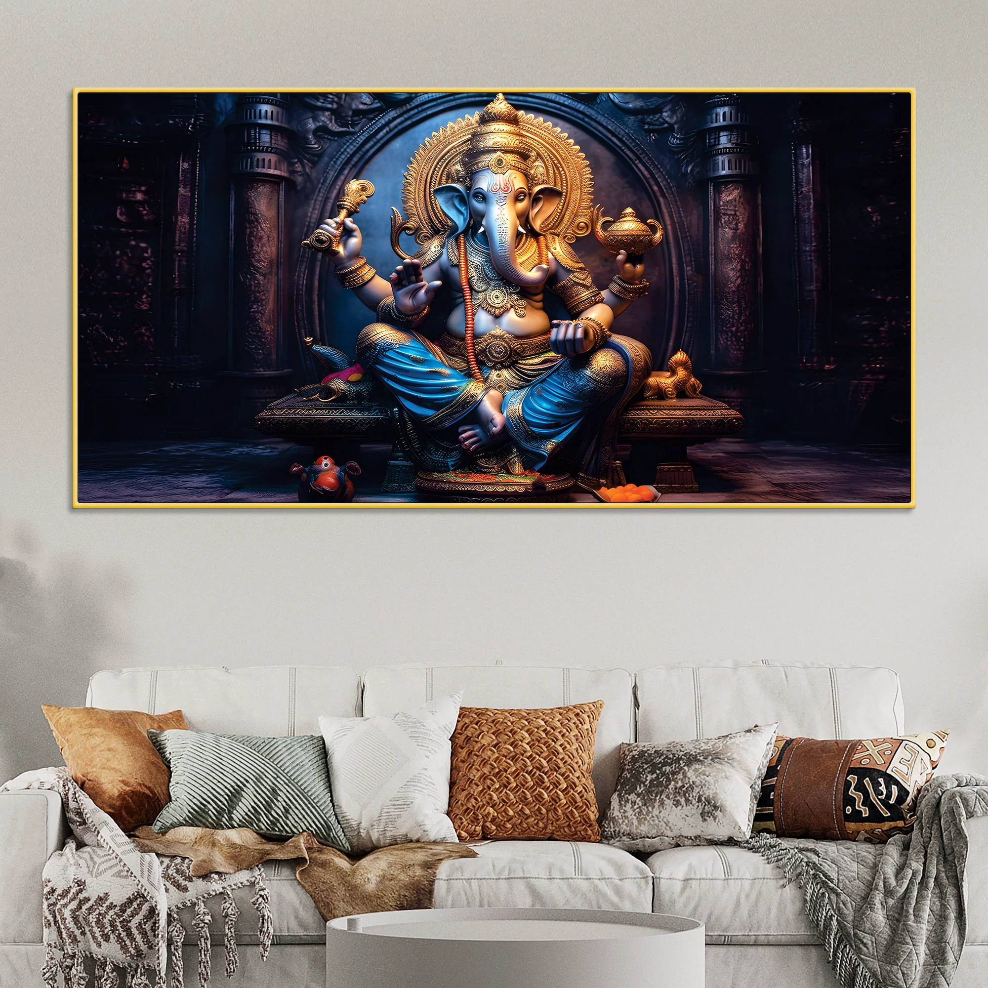 Shri Vighnaharta Lord Ganesha Auspicious Golden Sculpture Canvas Wall Painting for Home & Office – Modern Religious Wall Decor
