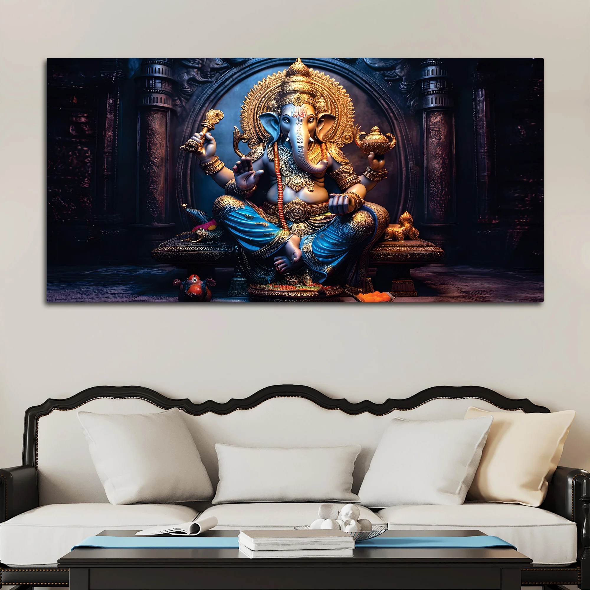 Shri Vighnaharta Lord Ganesha Auspicious Golden Sculpture Canvas Wall Painting for Home & Office – Modern Religious Wall Decor - Image 2