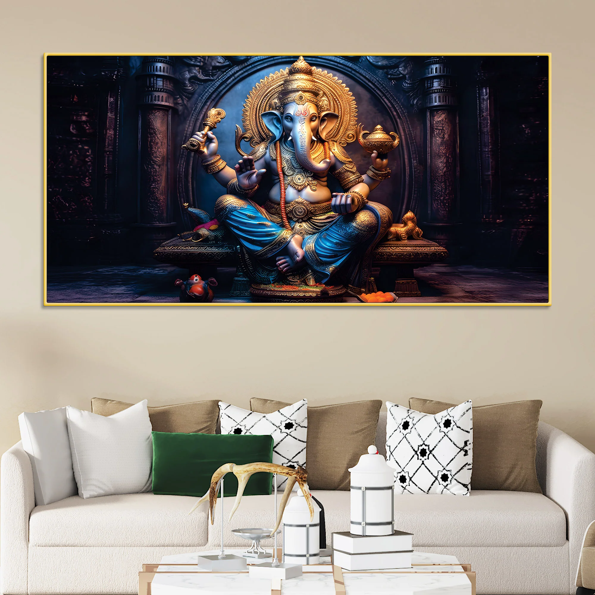 Shri Vighnaharta Lord Ganesha Auspicious Golden Sculpture Canvas Wall Painting for Home & Office – Modern Religious Wall Decor - Image 3
