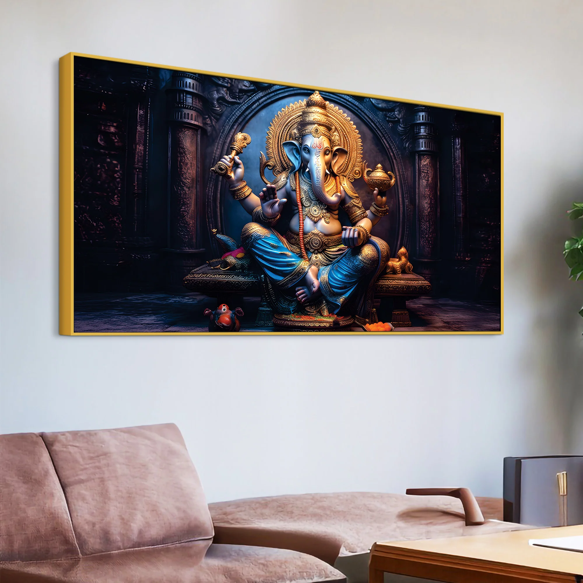 Shri Vighnaharta Lord Ganesha Auspicious Golden Sculpture Canvas Wall Painting for Home & Office – Modern Religious Wall Decor - Image 5