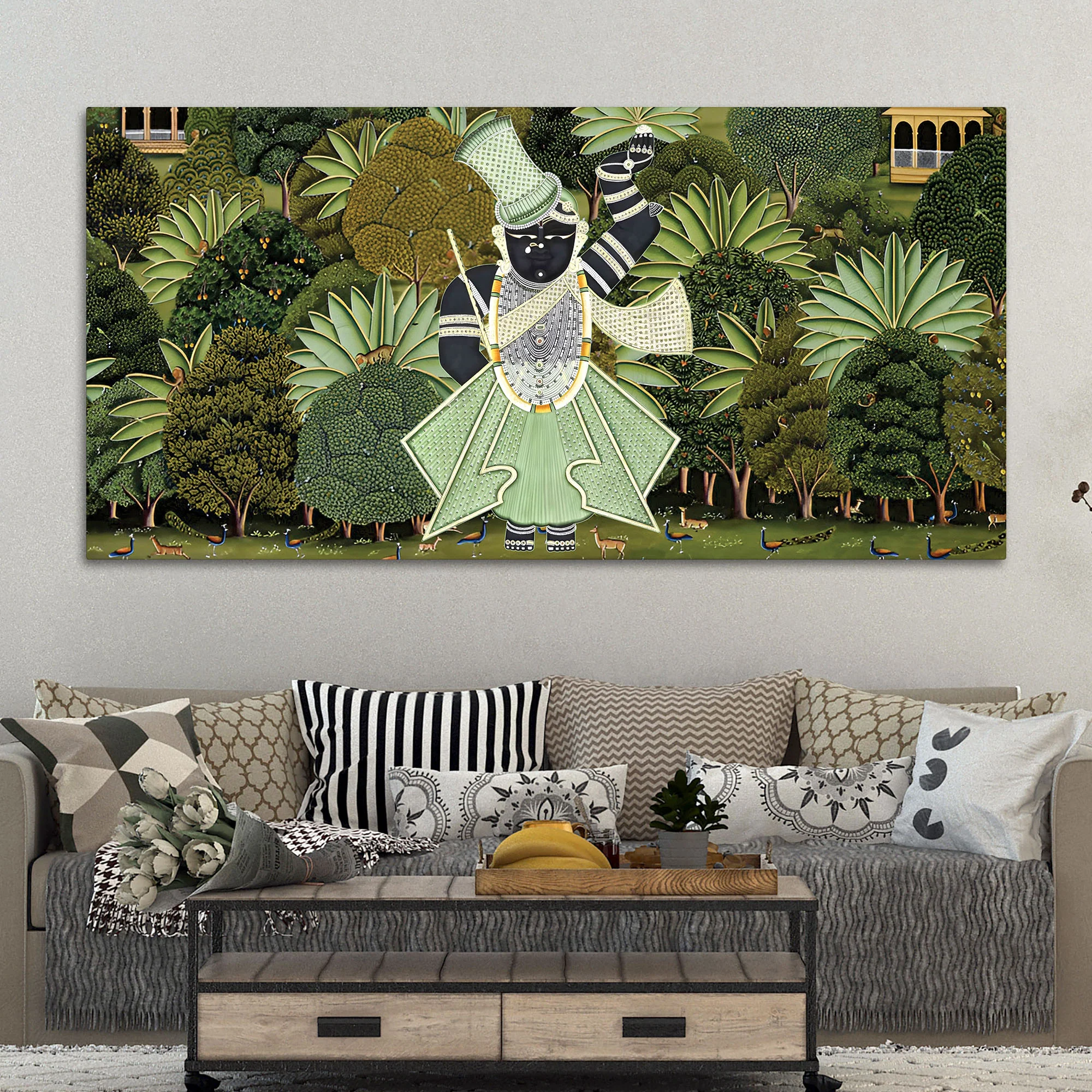 Shrinathji Pichwai Forest Scene Canvas Wall Painting - Image 3