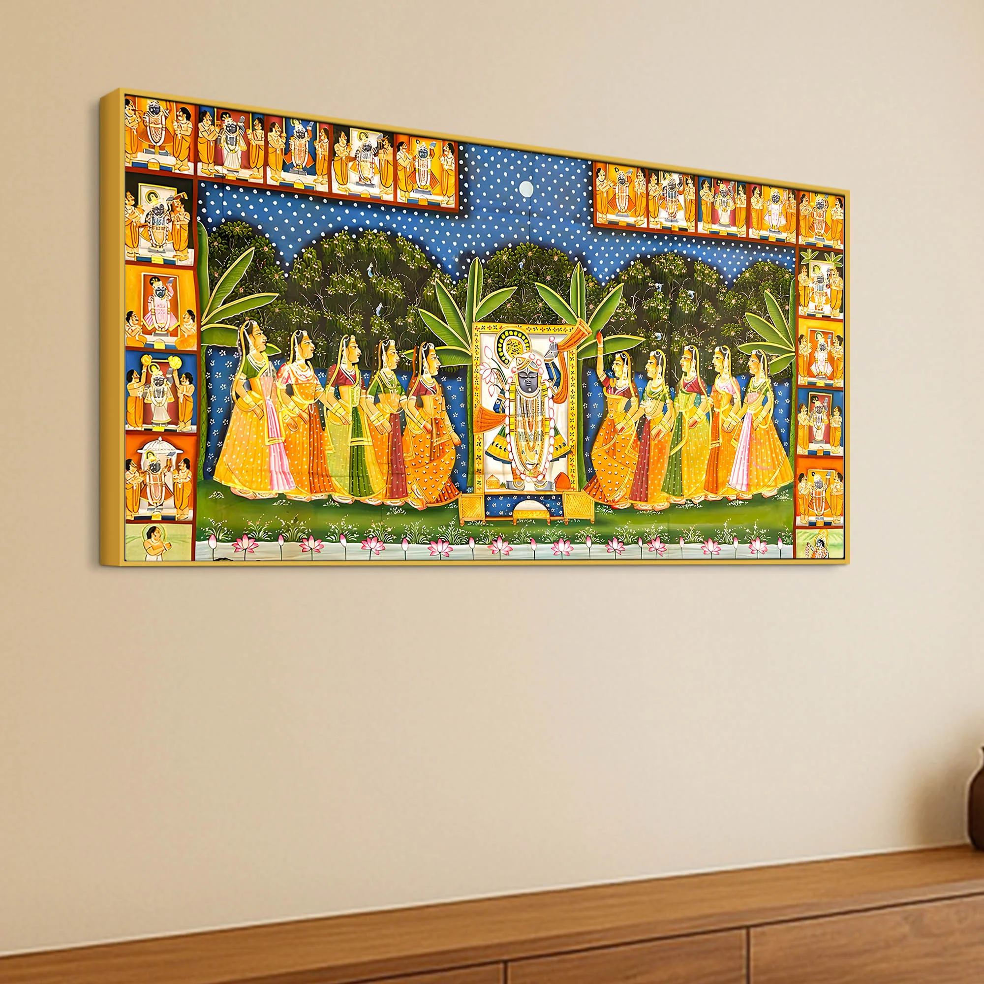 Shrinathji with Ashtasakhi Pichwai Canvas Painting – Nathdwara Wall Art - Image 5