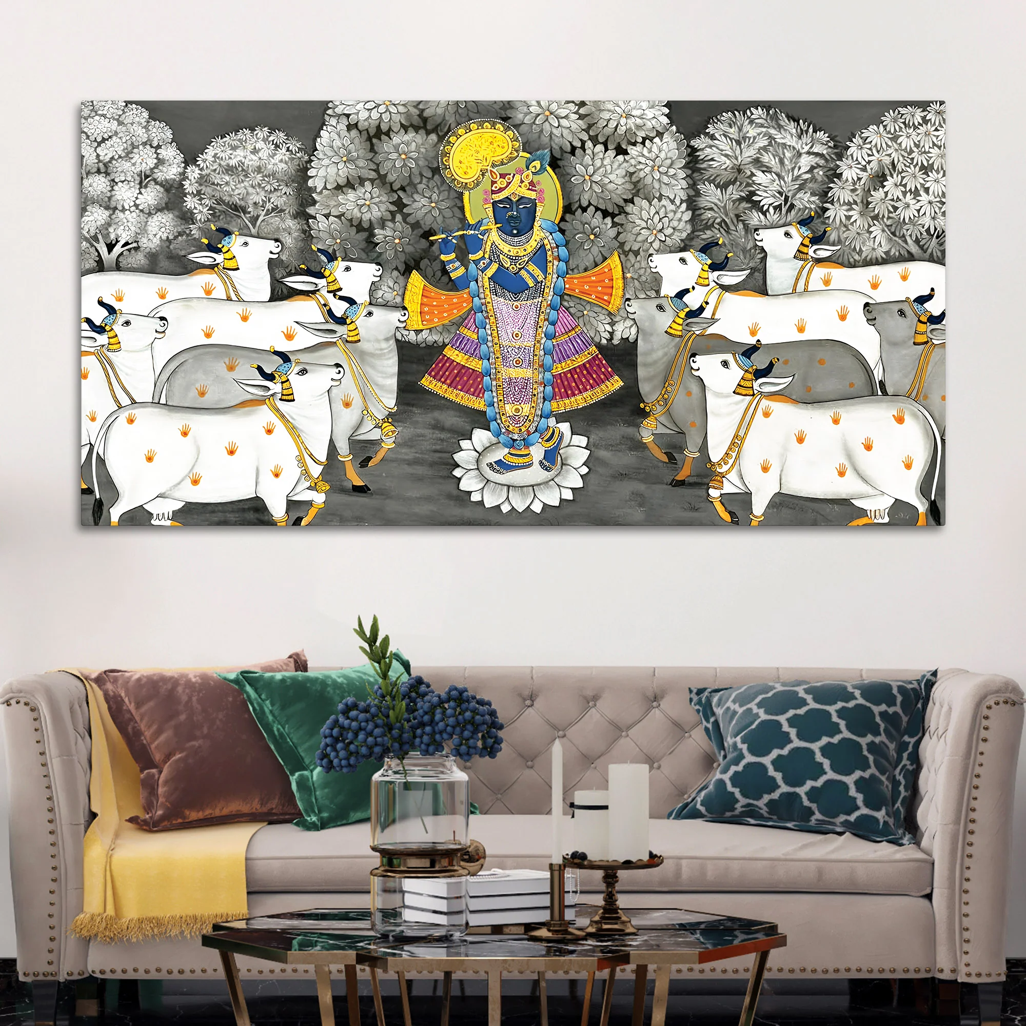 Shrinathji with Cows Traditional Pichwai Painting - Image 3