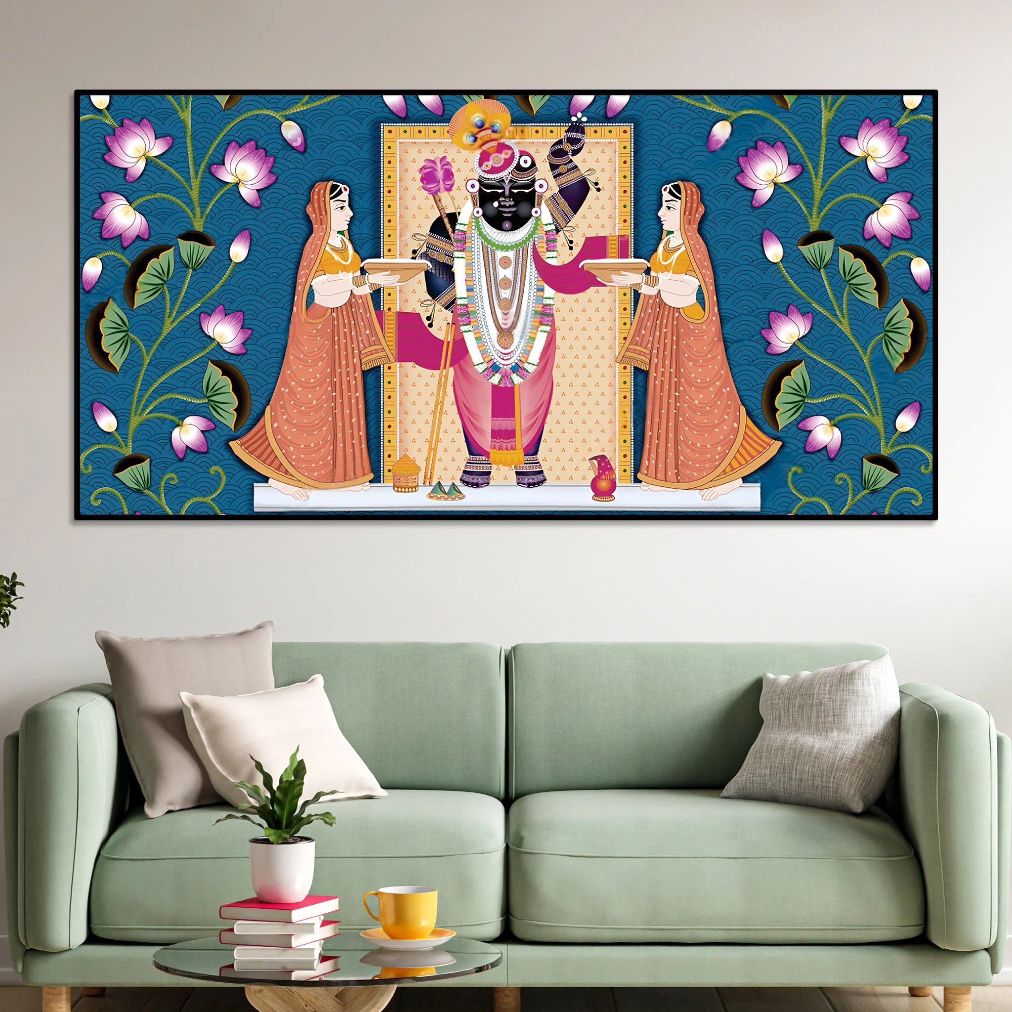 Shrinathji with Lotus Motif Traditional Wall Art Painting - Image 2