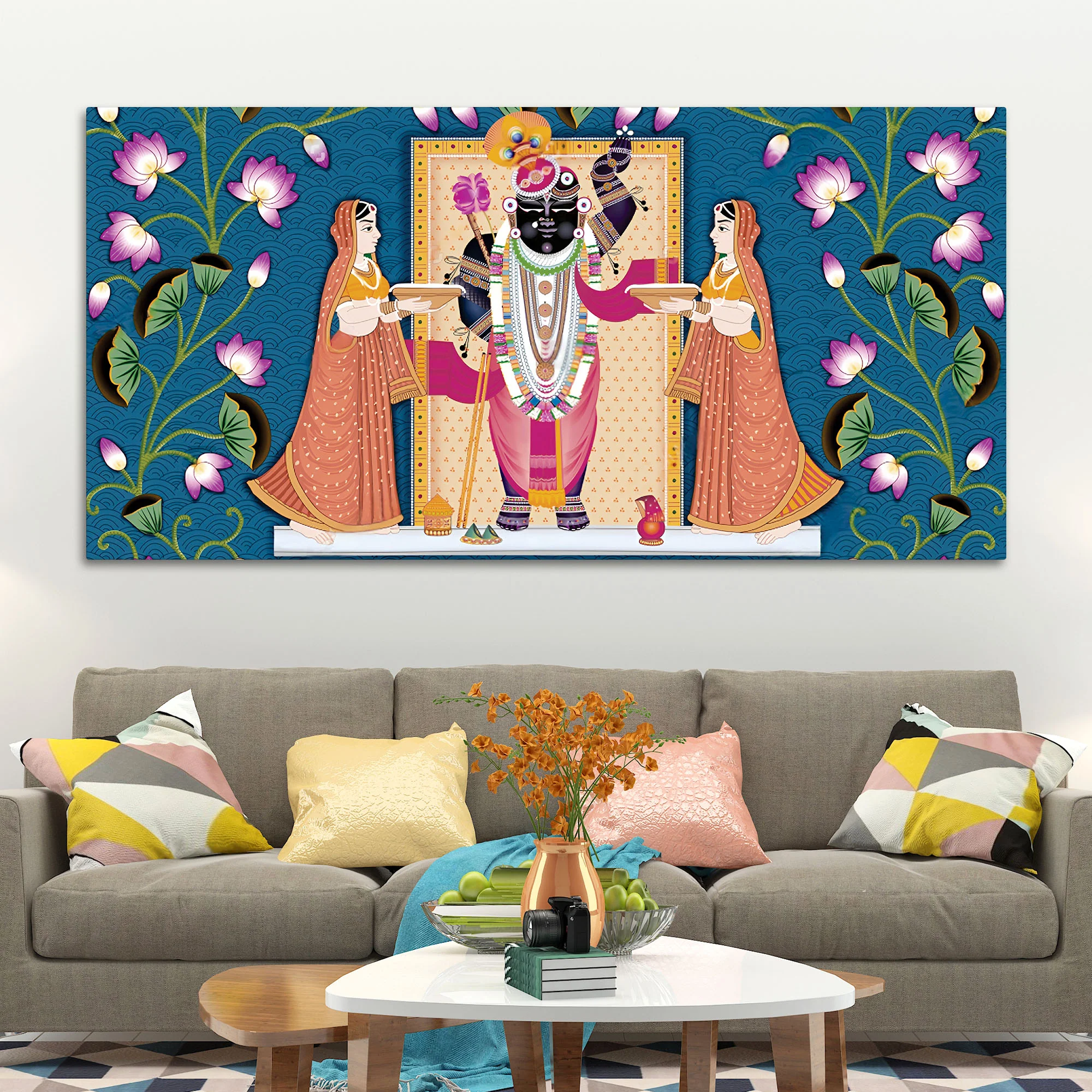 Shrinathji with Lotus Motif Traditional Wall Art Painting - Image 3