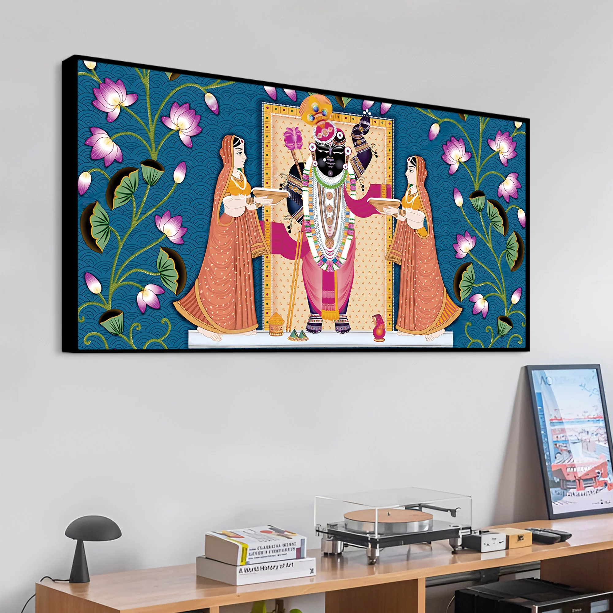 Shrinathji with Lotus Motif Traditional Wall Art Painting - Image 4