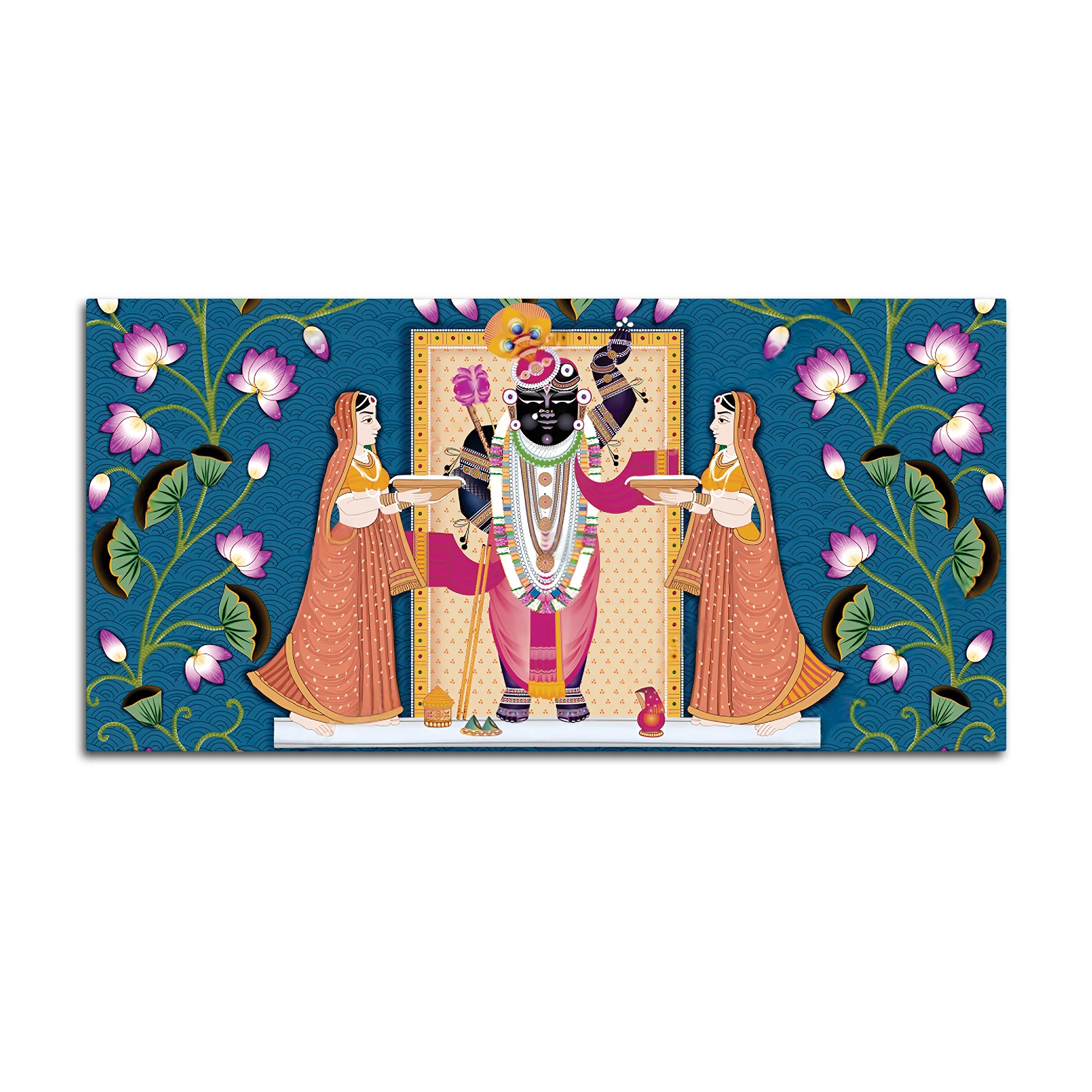 Shrinathji with Lotus Motif Traditional Wall Art Painting - Image 5