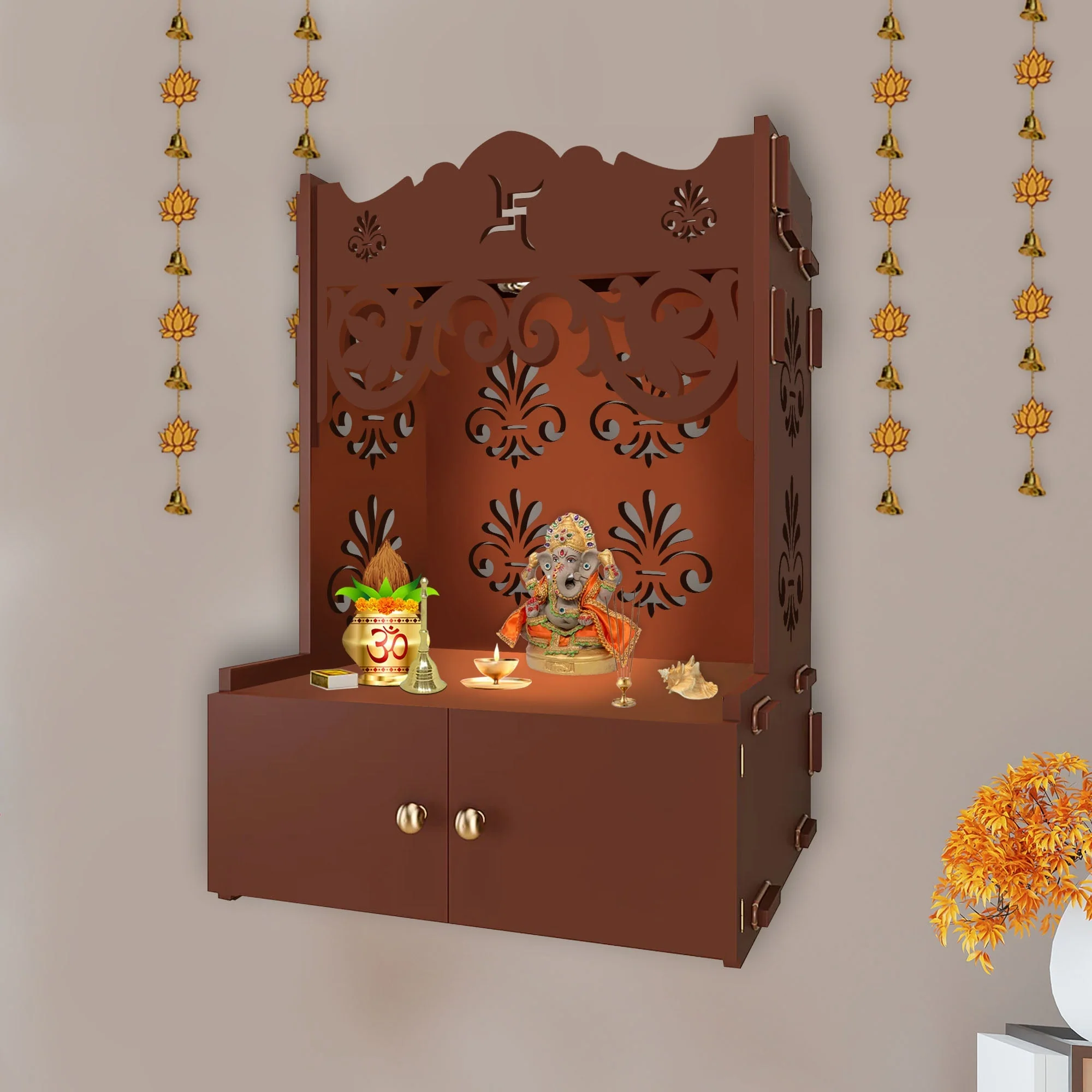 Shubh Labh Symbol of Hindu Religious Brown Wooden Wall Temple for Home With Inbuilt focus Lights & Spacious Shelf - Image 2