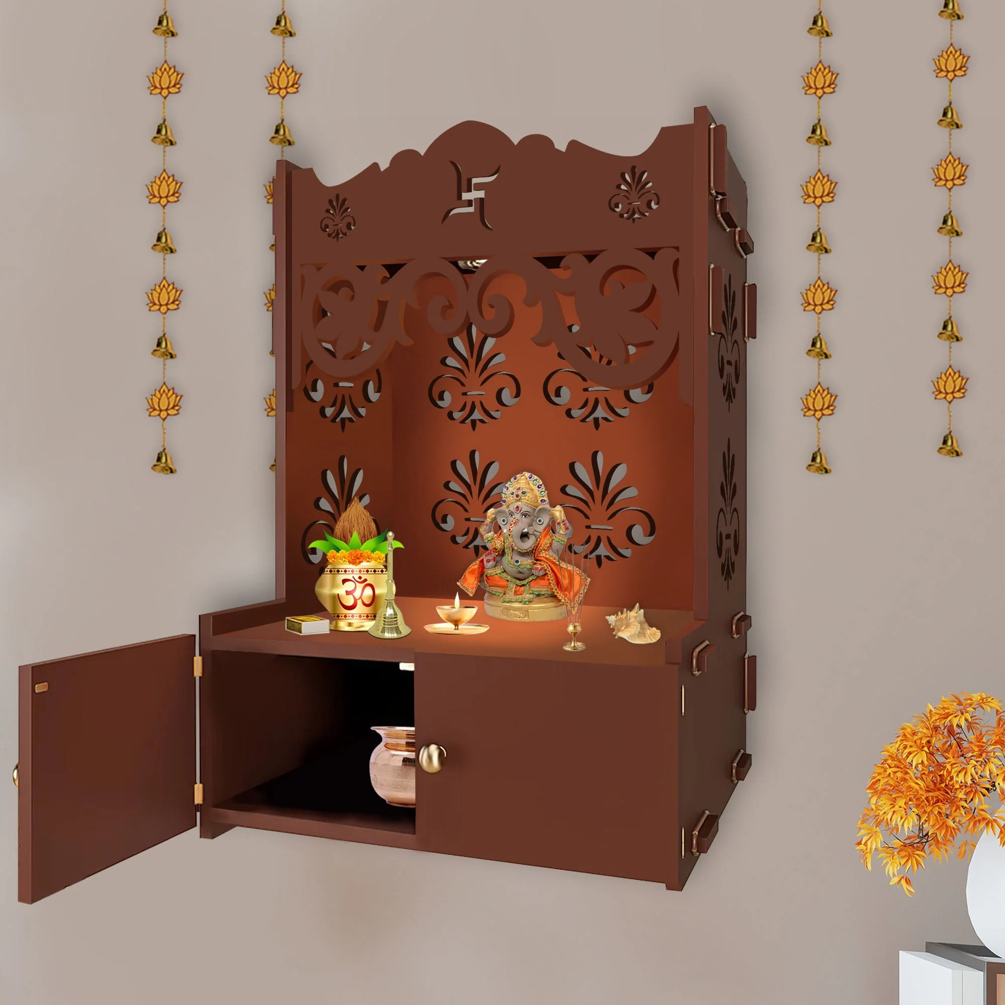 Shubh Labh Symbol of Hindu Religious Brown Wooden Wall Temple for Home With Inbuilt focus Lights & Spacious Shelf - Image 3