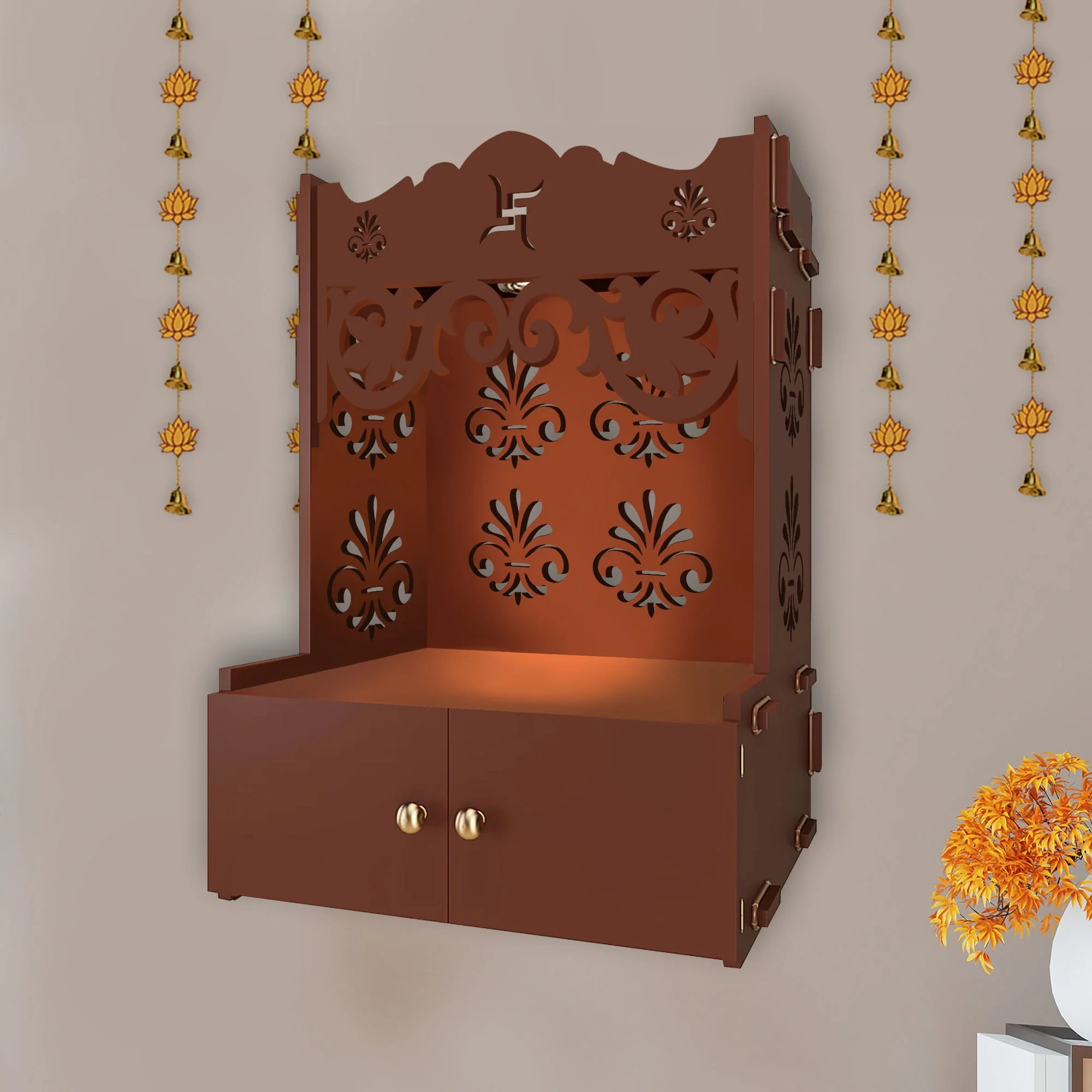 Shubh Labh Symbol of Hindu Religious Brown Wooden Wall Temple for Home With Inbuilt focus Lights & Spacious Shelf - Image 4