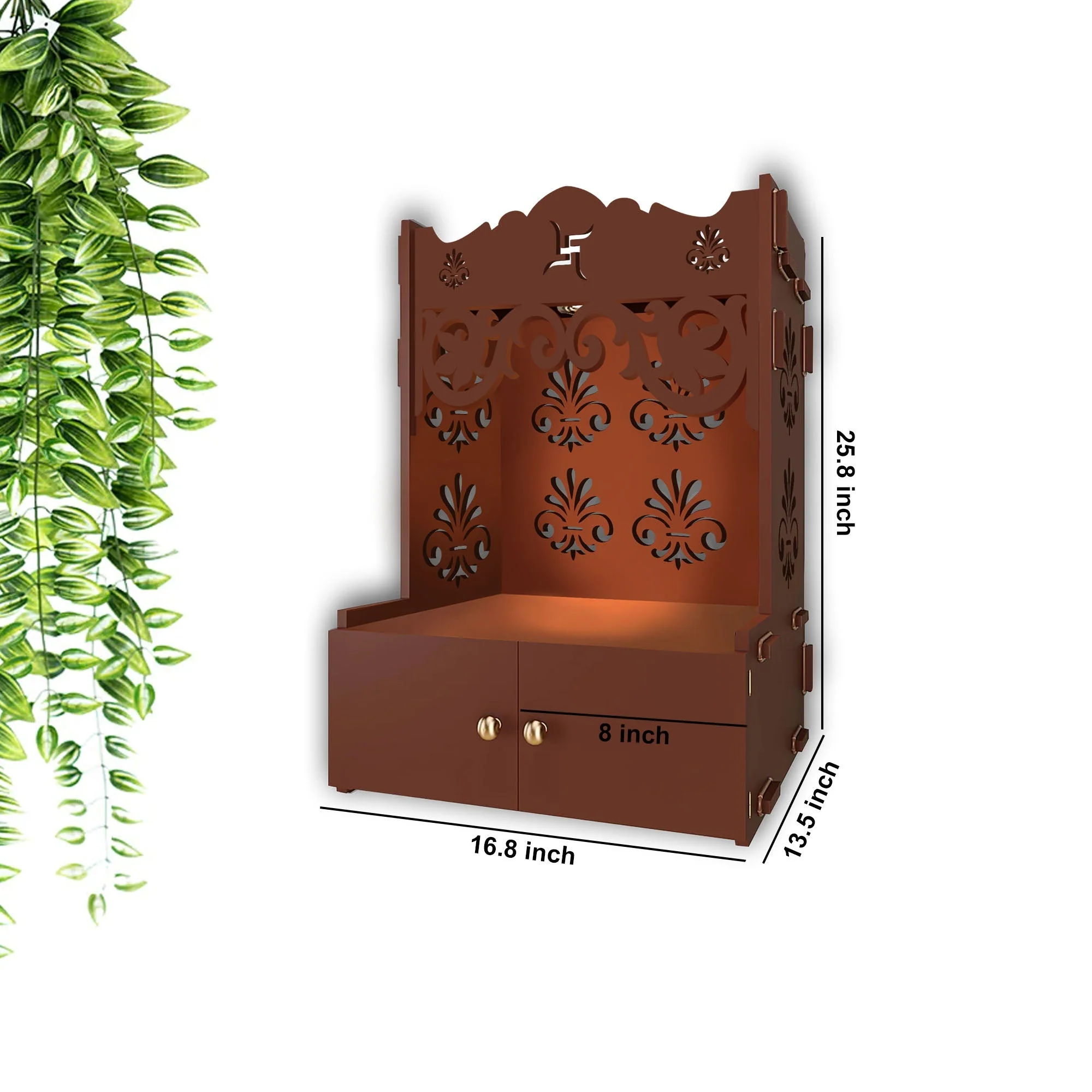 Shubh Labh Symbol of Hindu Religious Brown Wooden Wall Temple for Home With Inbuilt focus Lights & Spacious Shelf - Image 5