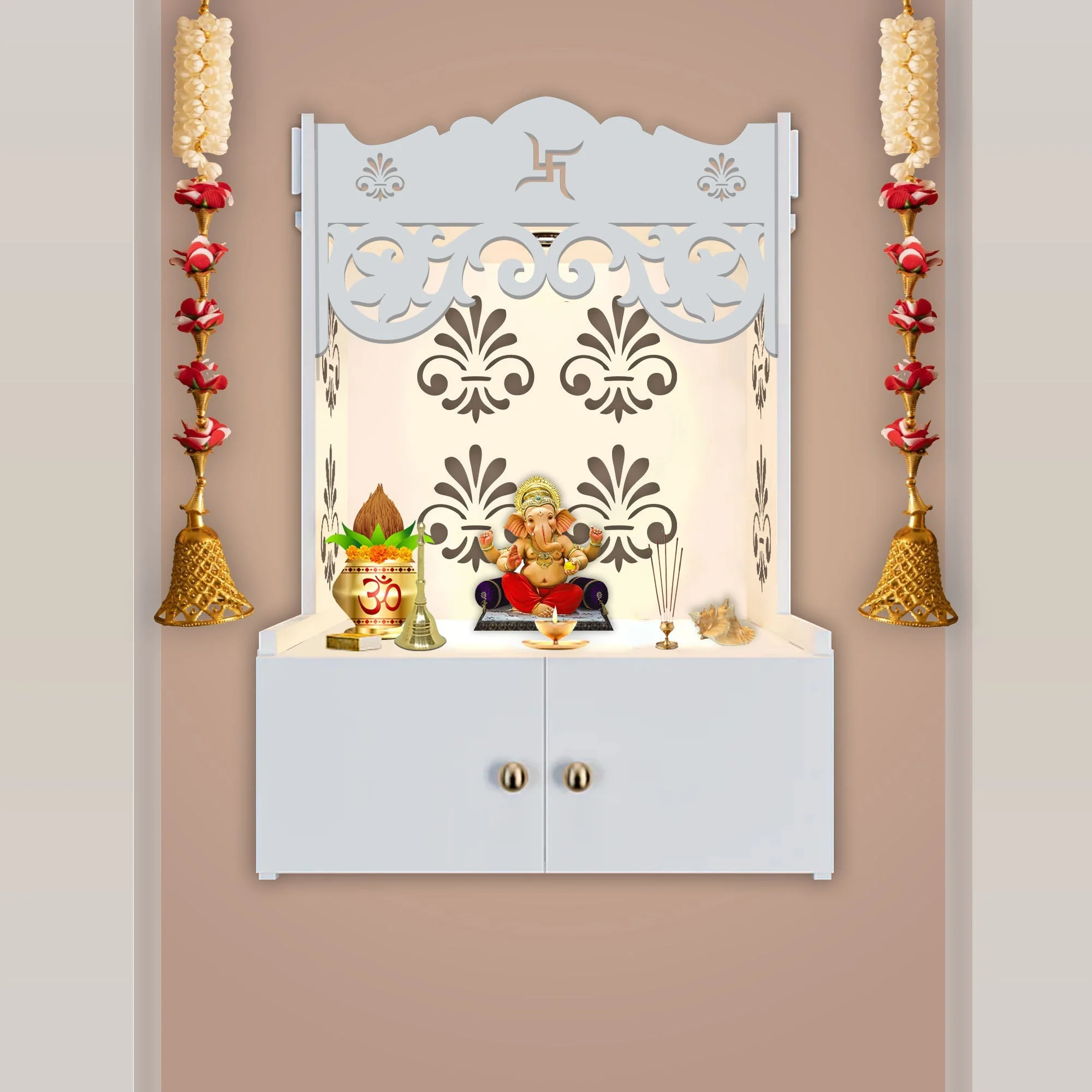 Shubh Labh Symbol of Hindu Religious White Wooden Wall Temple for Home With Inbuilt focus Lights & Spacious Shelf