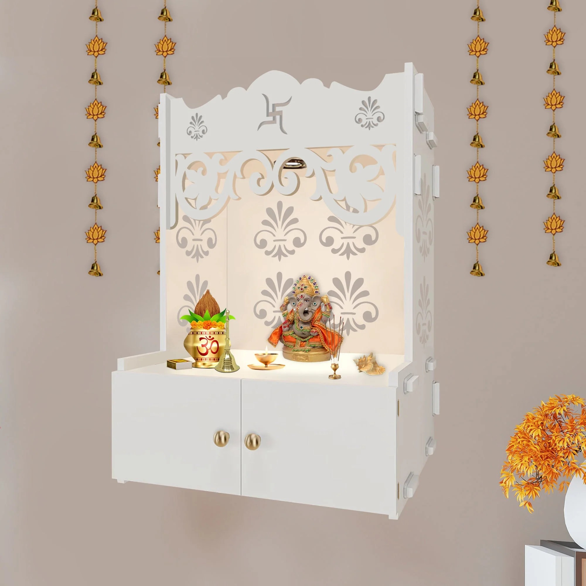 Shubh Labh Symbol of Hindu Religious White Wooden Wall Temple for Home With Inbuilt focus Lights & Spacious Shelf - Image 2