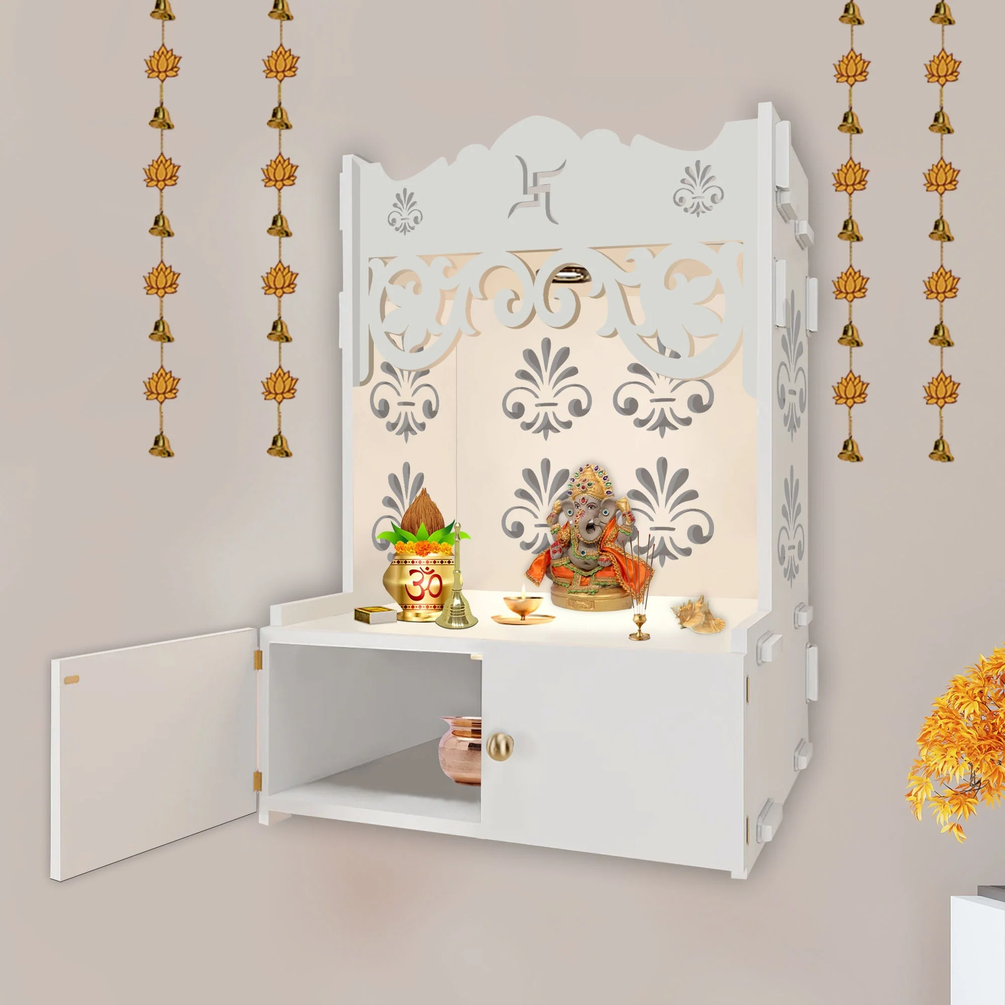 Shubh Labh Symbol of Hindu Religious White Wooden Wall Temple for Home With Inbuilt focus Lights & Spacious Shelf - Image 3