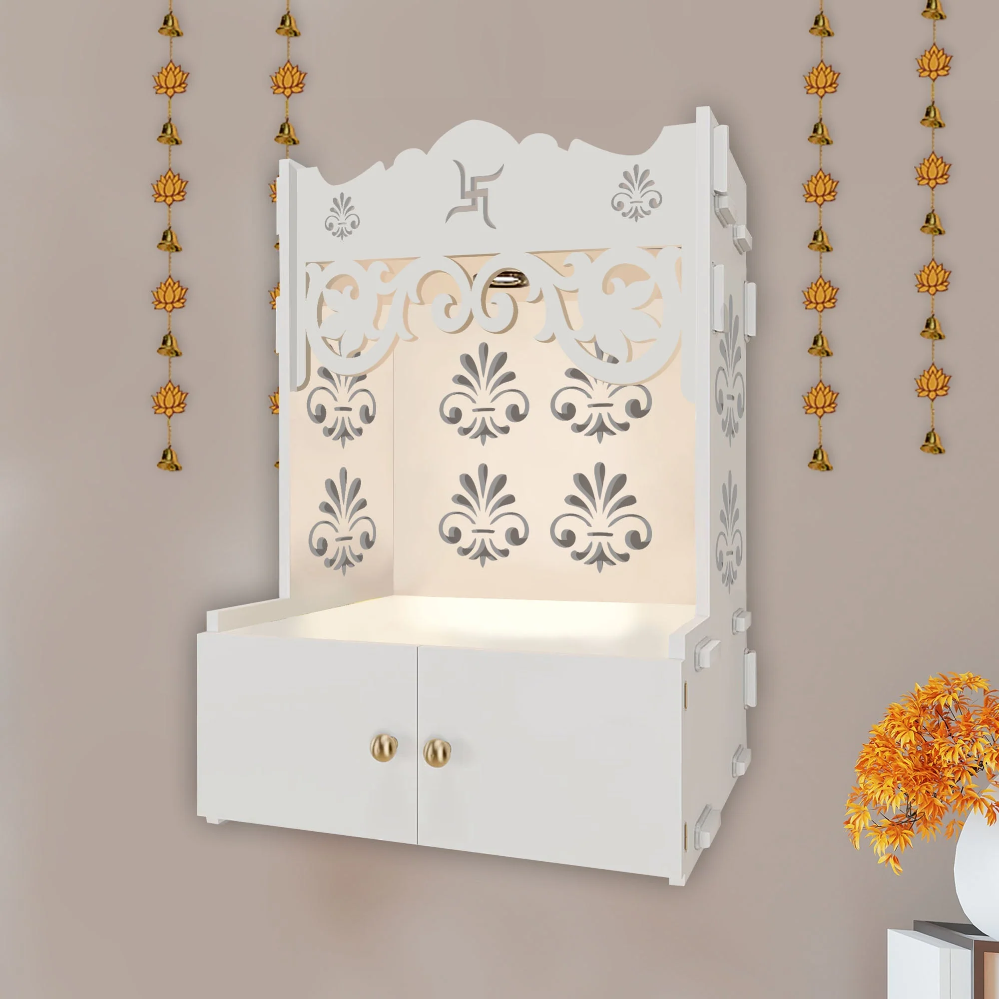 Shubh Labh Symbol of Hindu Religious White Wooden Wall Temple for Home With Inbuilt focus Lights & Spacious Shelf - Image 4