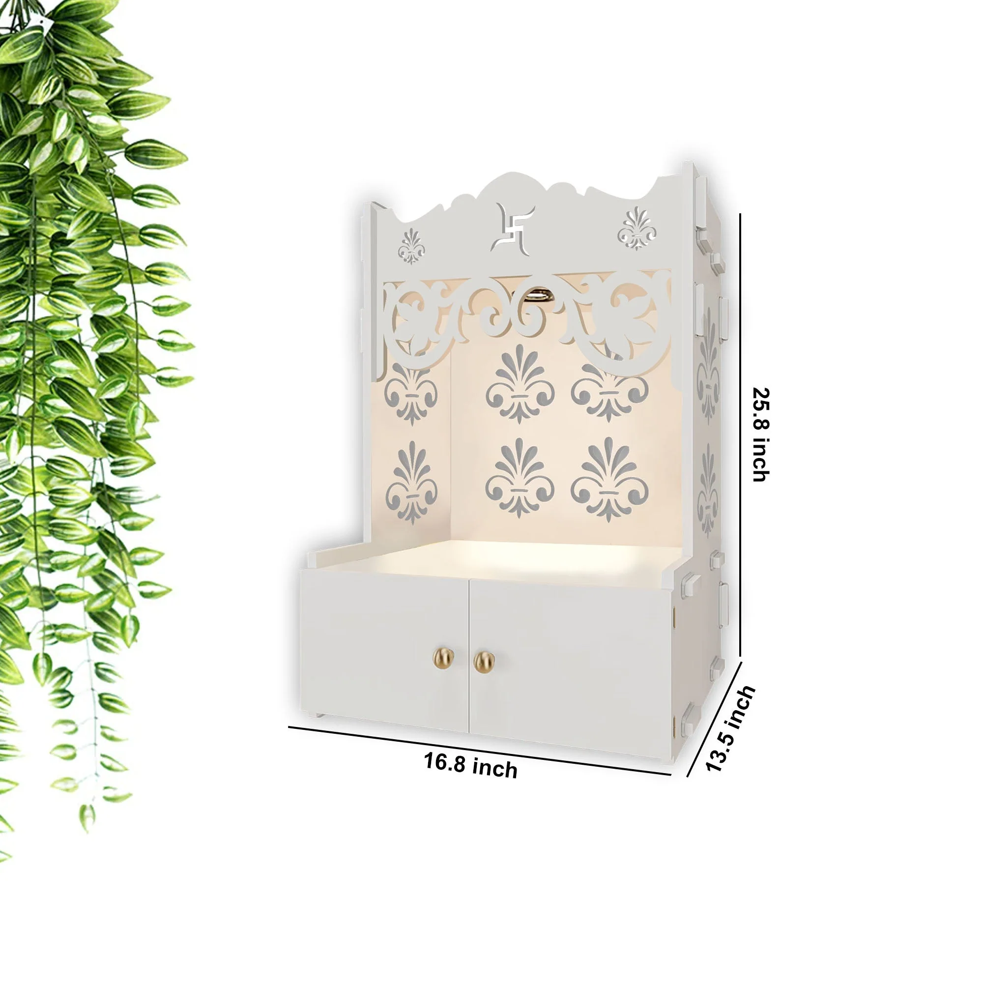 Shubh Labh Symbol of Hindu Religious White Wooden Wall Temple for Home With Inbuilt focus Lights & Spacious Shelf - Image 5