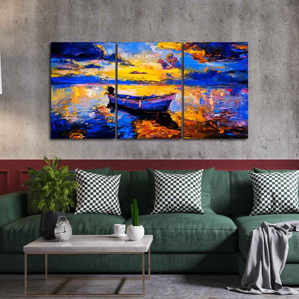Sky Sunset and Boat on the Water 3 Pieces Canvas Wall Painting - Image 3