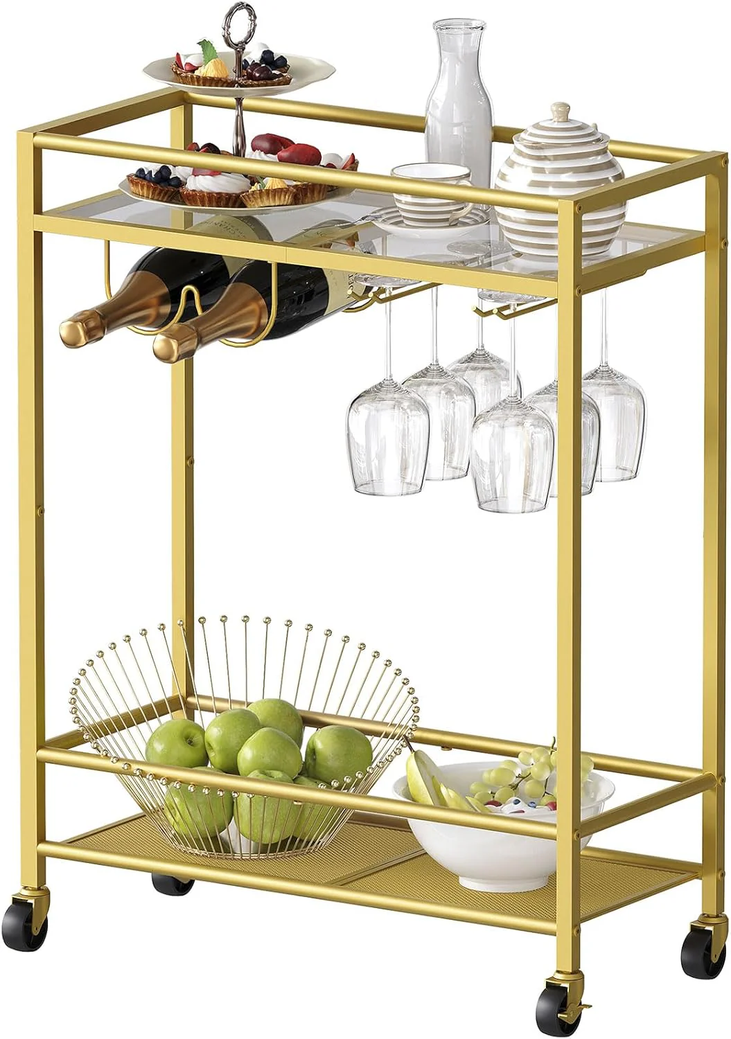 Sleek Gold Bar Cart Trolley with Wine Bottle & Glass Racks - Image 3