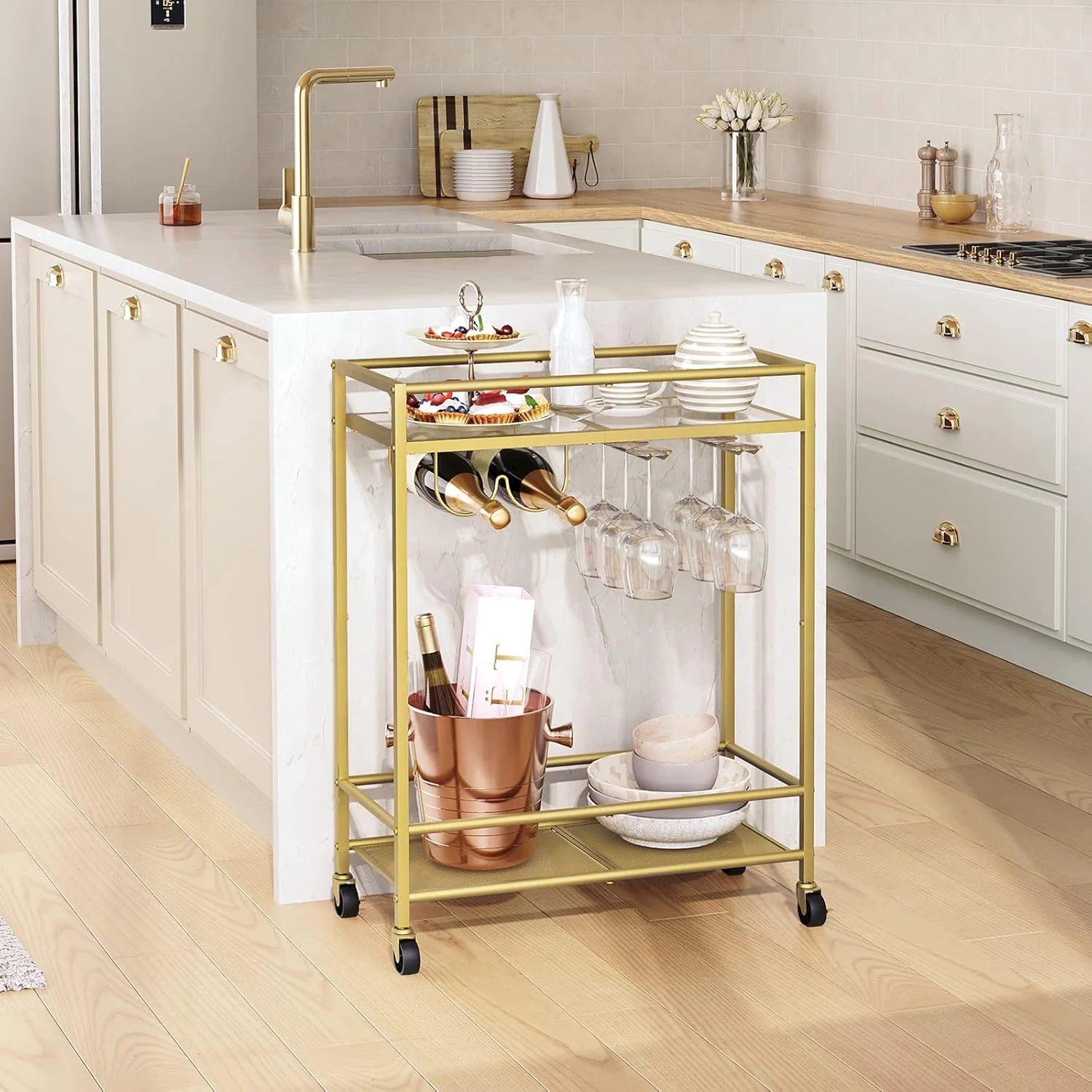 Sleek Gold Bar Cart Trolley with Wine Bottle & Glass Racks - Image 4