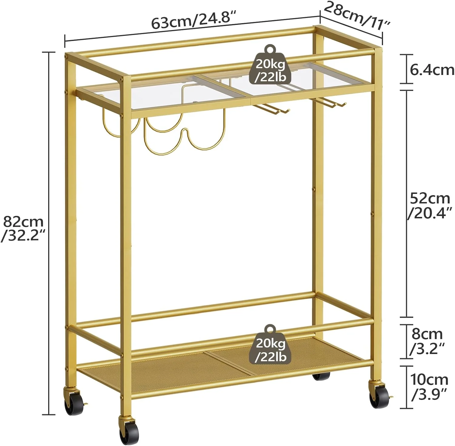 Sleek Gold Bar Cart Trolley with Wine Bottle & Glass Racks - Image 5