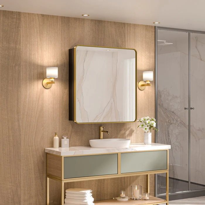 Sleek Golden Edge Mirror Cabinet with Storage Shelves - Image 4
