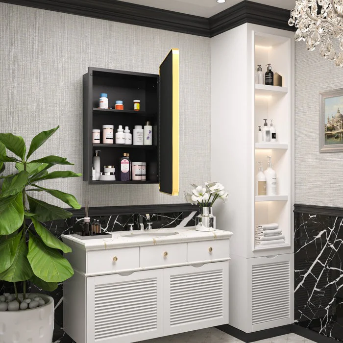 Sleek Golden Edge Mirror Cabinet with Storage Shelves - Image 5