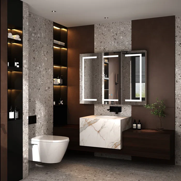 Sleek LED Mirror Cabinet with Tri-Fold Doors and Interior Storage - Image 2