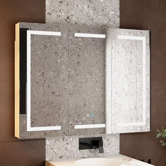 Sleek LED Mirror Cabinet with Tri-Fold Doors and Interior Storage - Image 3