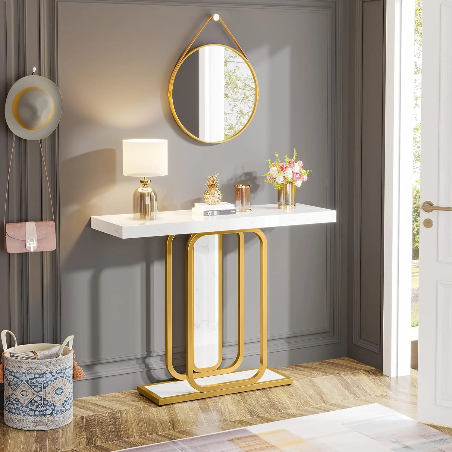 Sleek Marble Console Featuring White Marble and Gold Rectangle Frame