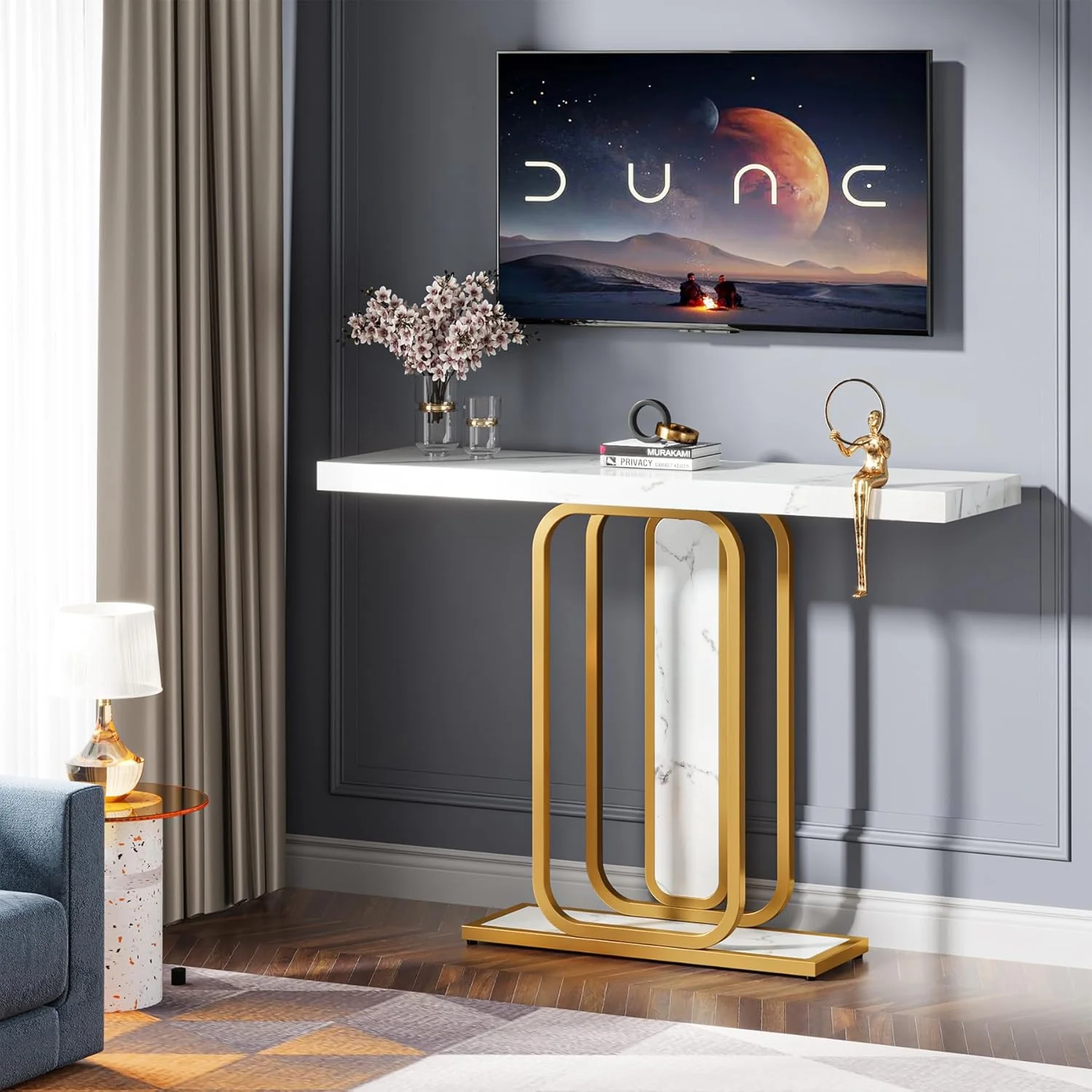Sleek Marble Console Featuring White Marble and Gold Rectangle Frame - Image 2