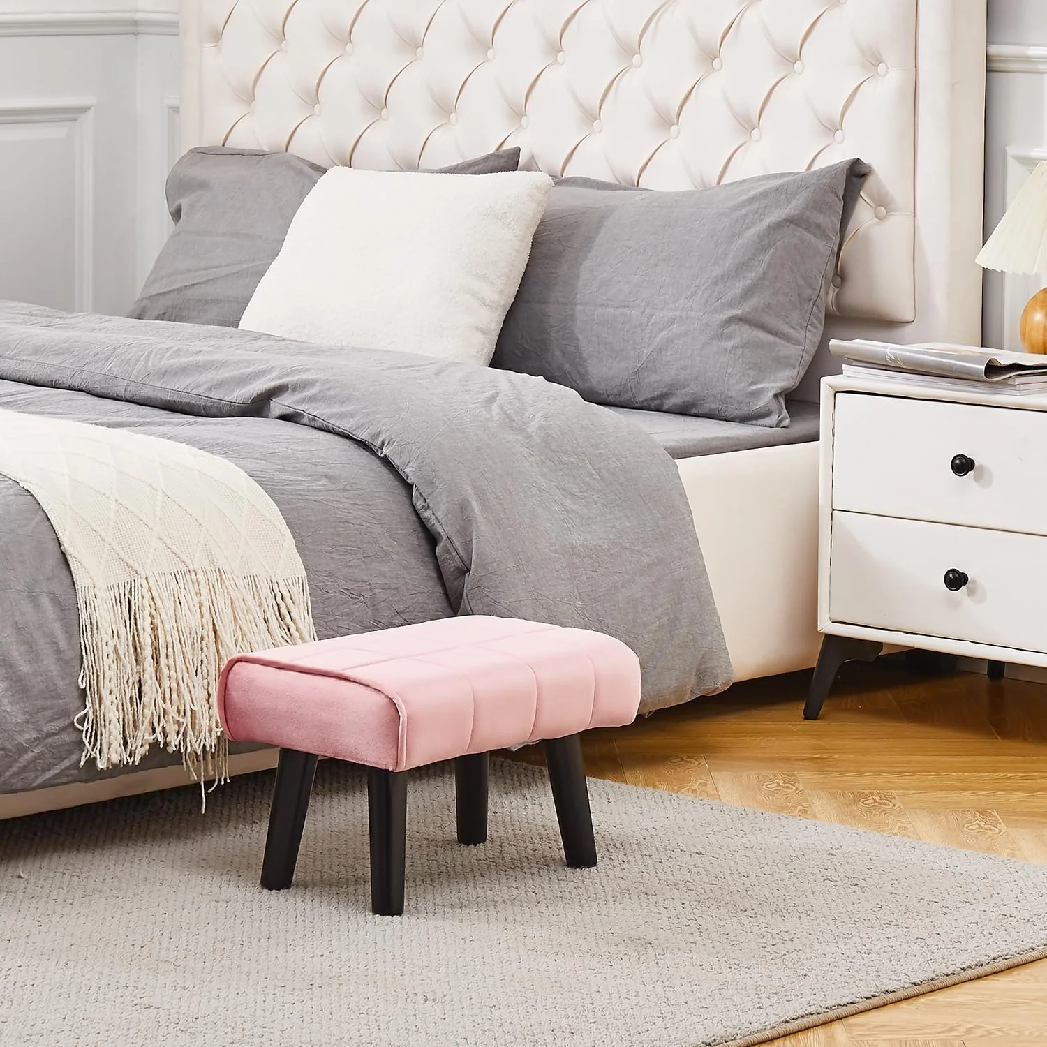 Small Pink Velvet Ottoman Footstool with Black Wooden Legs - Image 2