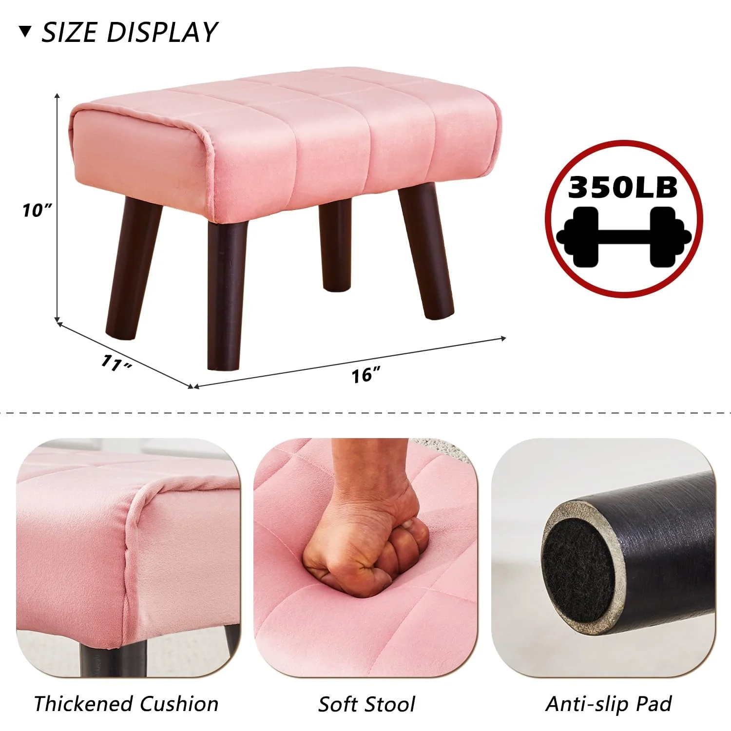 Small Pink Velvet Ottoman Footstool with Black Wooden Legs - Image 4