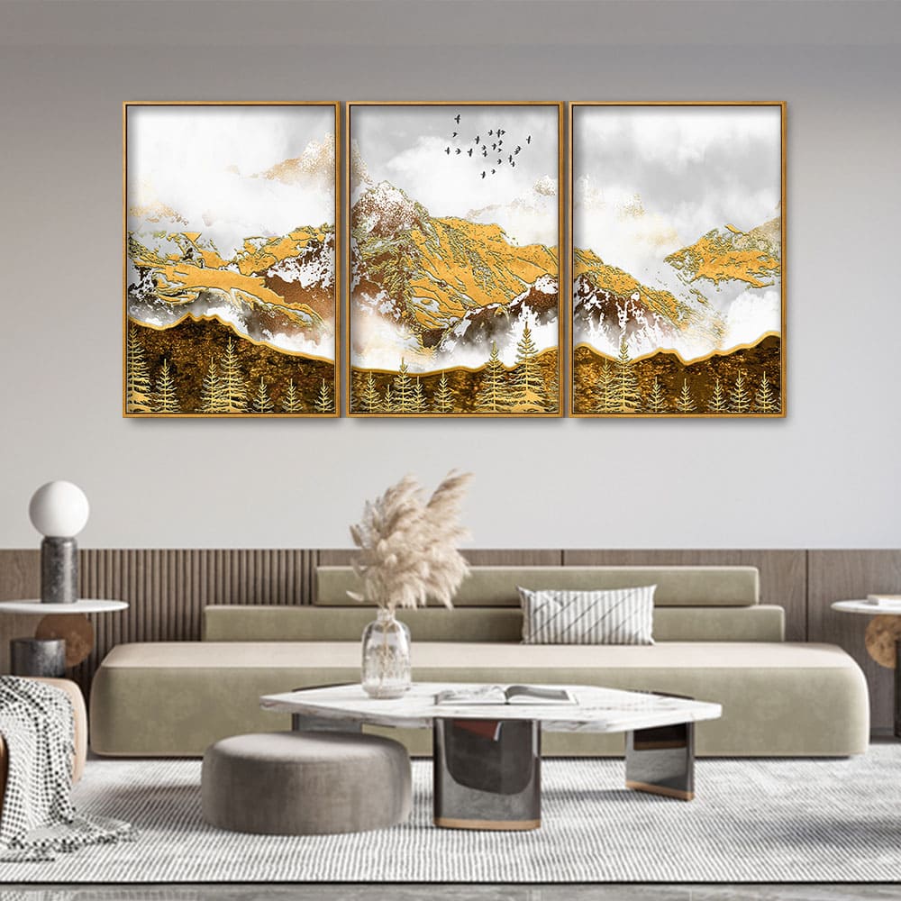 Smoke Cloud Golden Mountain Peak Floating Canvas Wall Painting Set of Three - Image 2