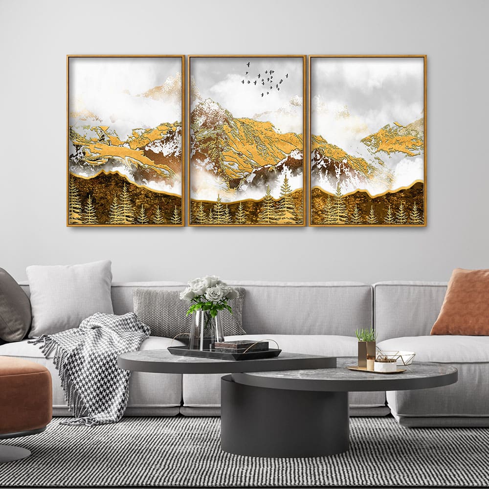 Smoke Cloud Golden Mountain Peak Floating Canvas Wall Painting Set of Three - Image 3