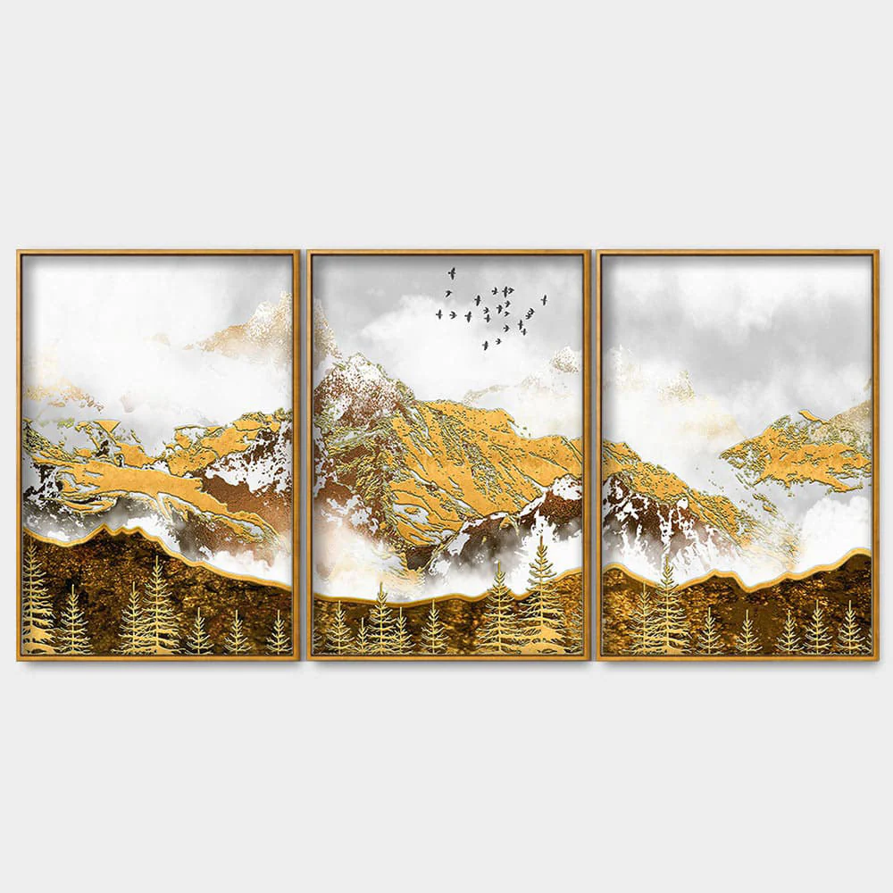 Smoke Cloud Golden Mountain Peak Floating Canvas Wall Painting Set of Three - Image 4
