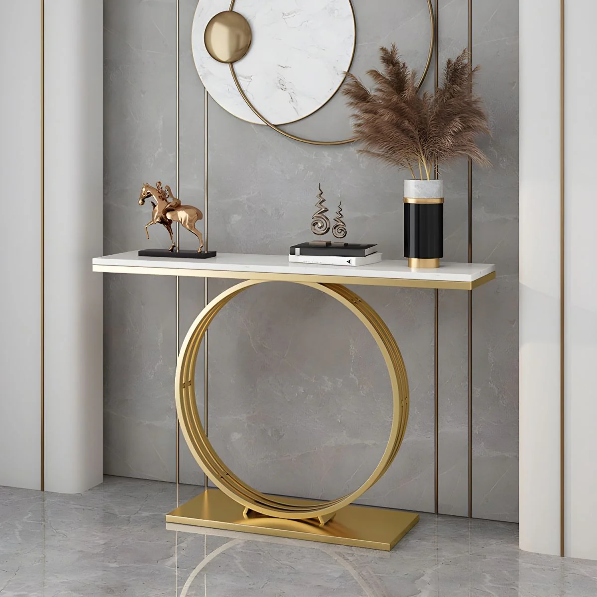 Sophisticated Black Marble Console Table with Gold Circular Base - Image 2