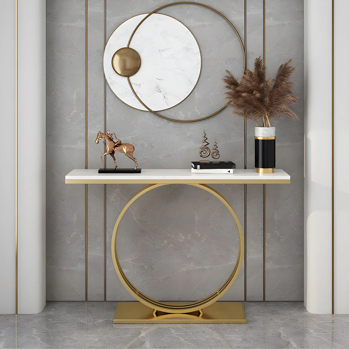 Sophisticated Black Marble Console Table with Gold Circular Base - Image 5