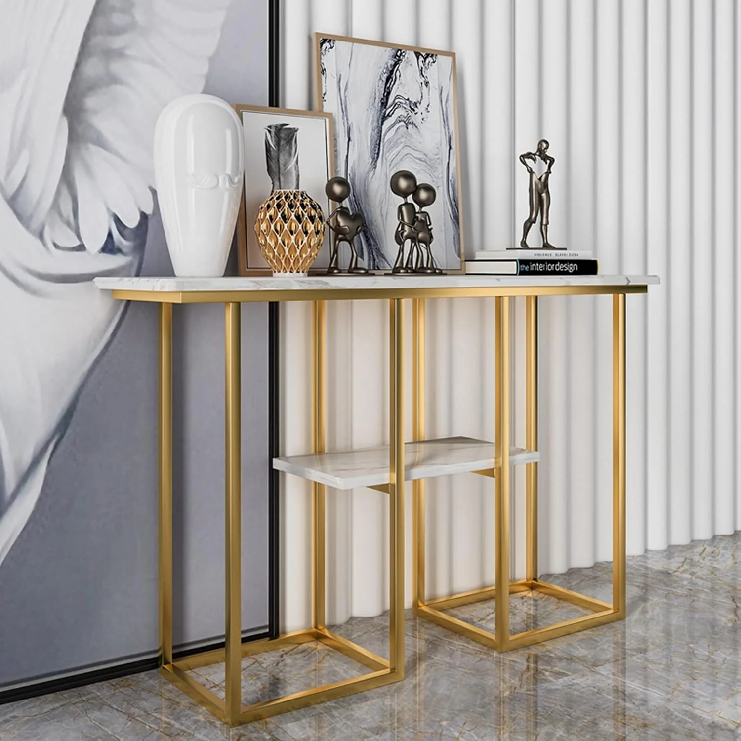 Sophisticated Console Table with Golden Frame and Marble Surface - Image 2